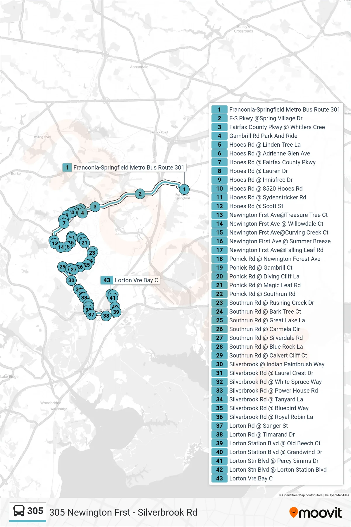 305 bus Line (305 Newington Frst - Silverbrook Rd) route and stops on a map