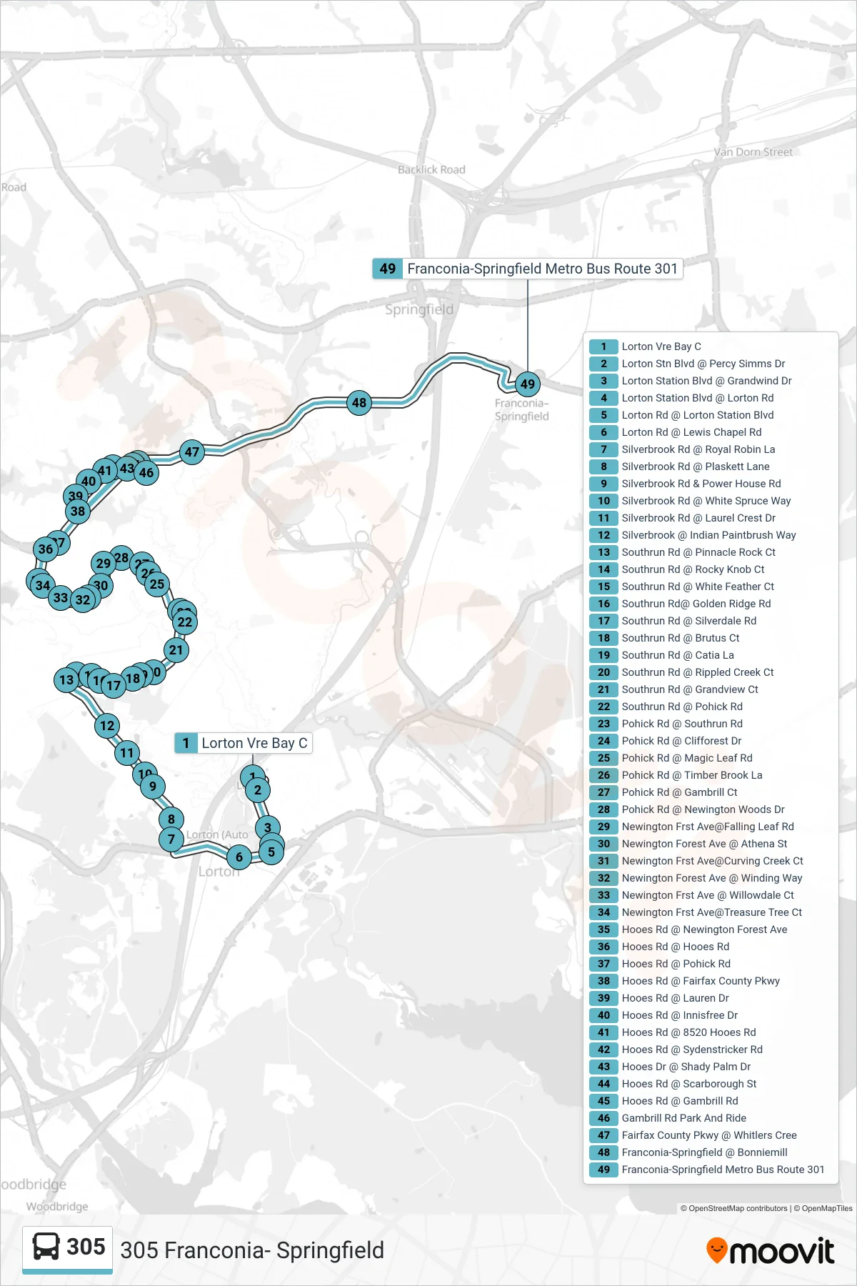 305 bus Line (305 Franconia- Springfield) route and stops on a map