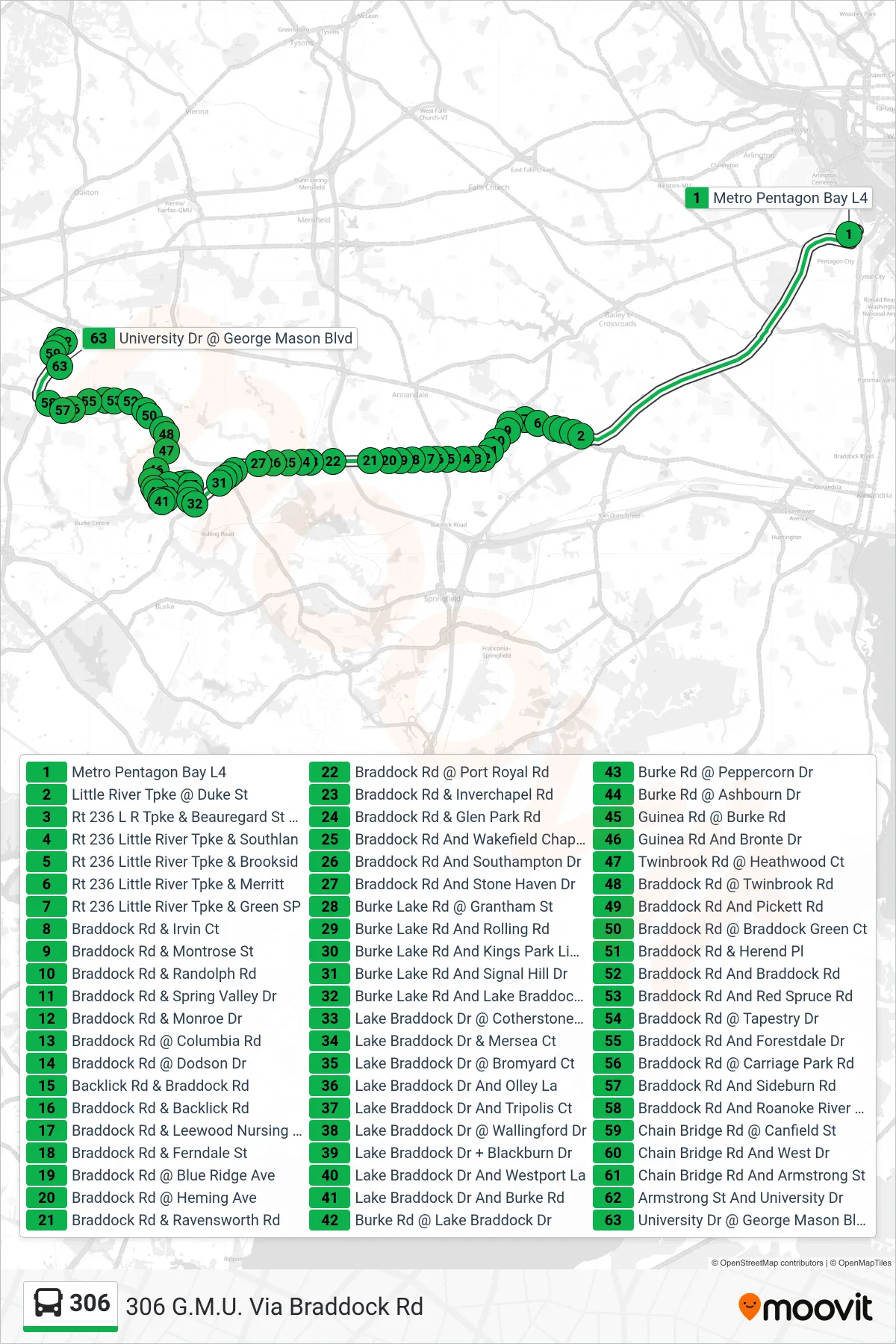306 bus Line (306 G.M.U. Via Braddock Rd) route and stops on a map