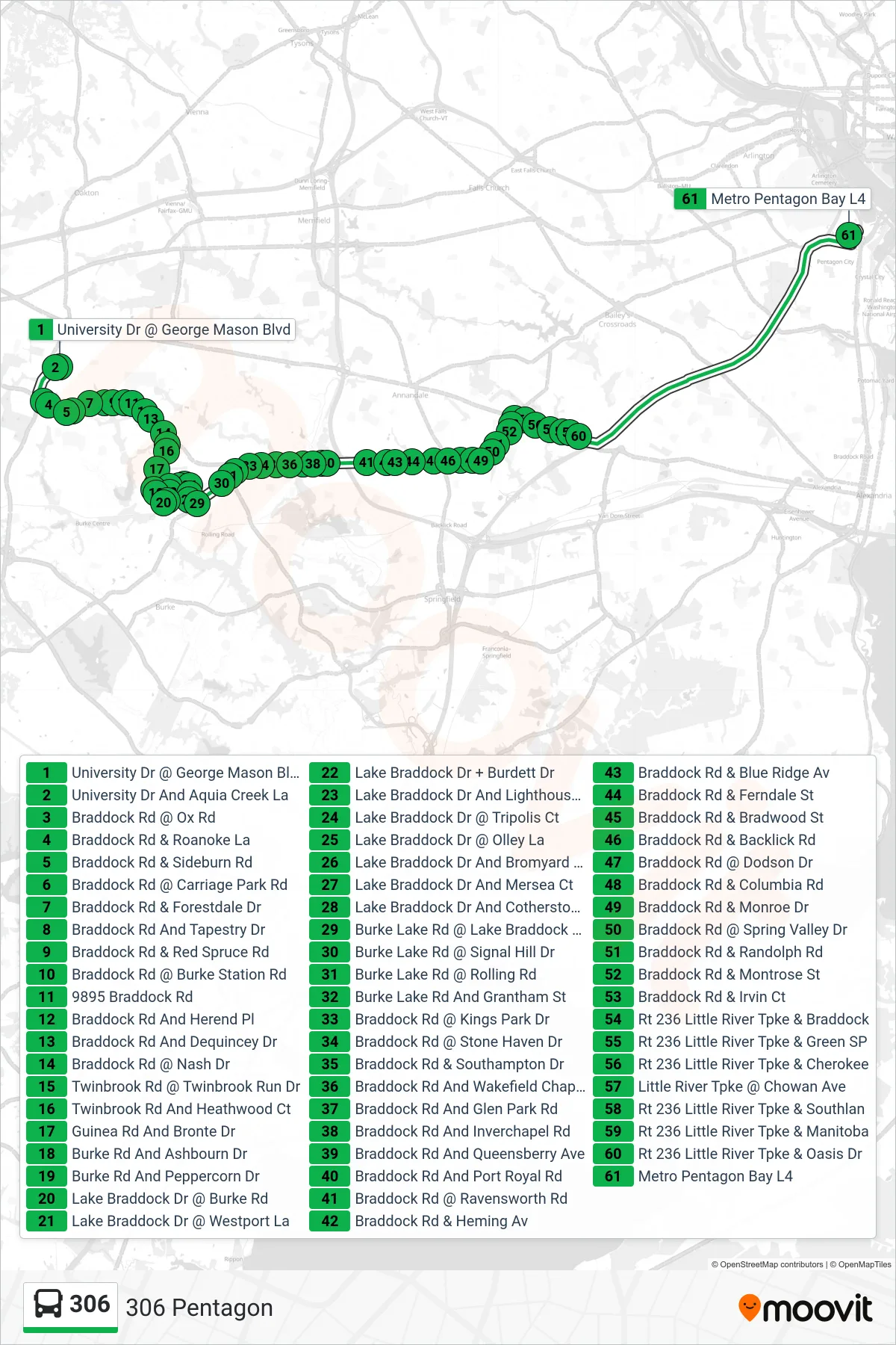 306 bus Line (306 Pentagon) route and stops on a map