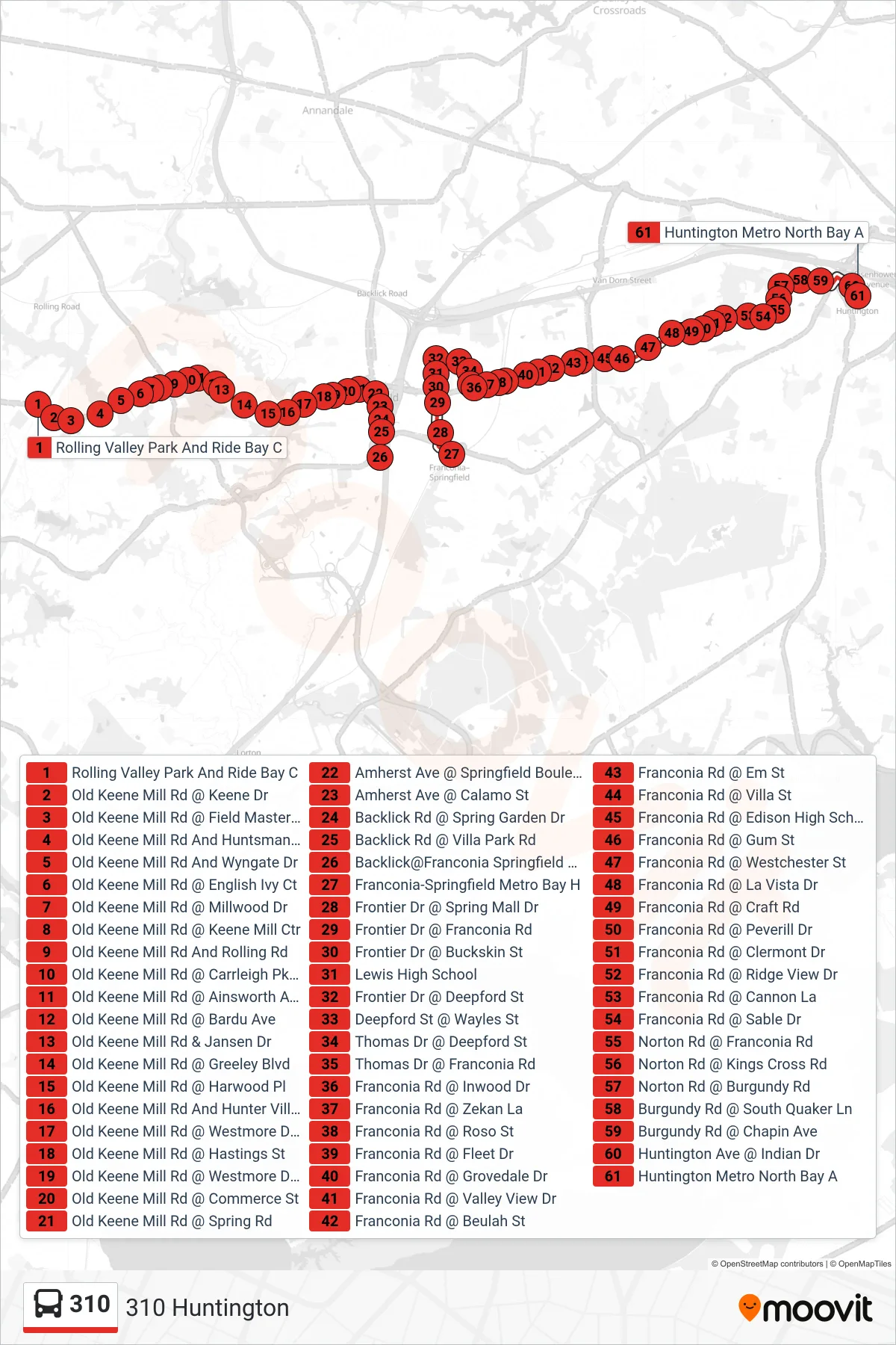 310 bus Line (310 Huntington) route and stops on a map