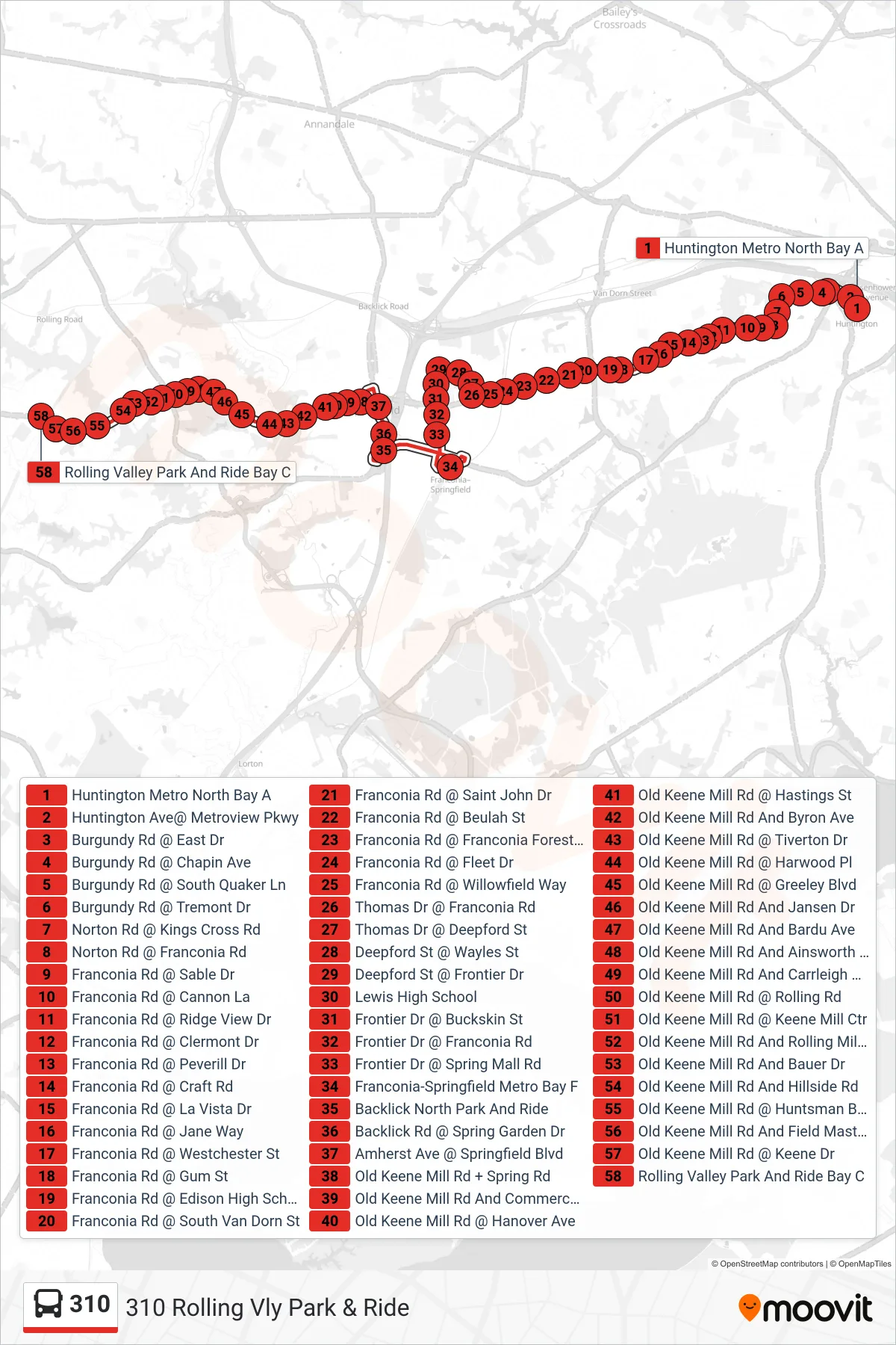 310 bus Line (310 Rolling Vly Park & Ride) route and stops on a map