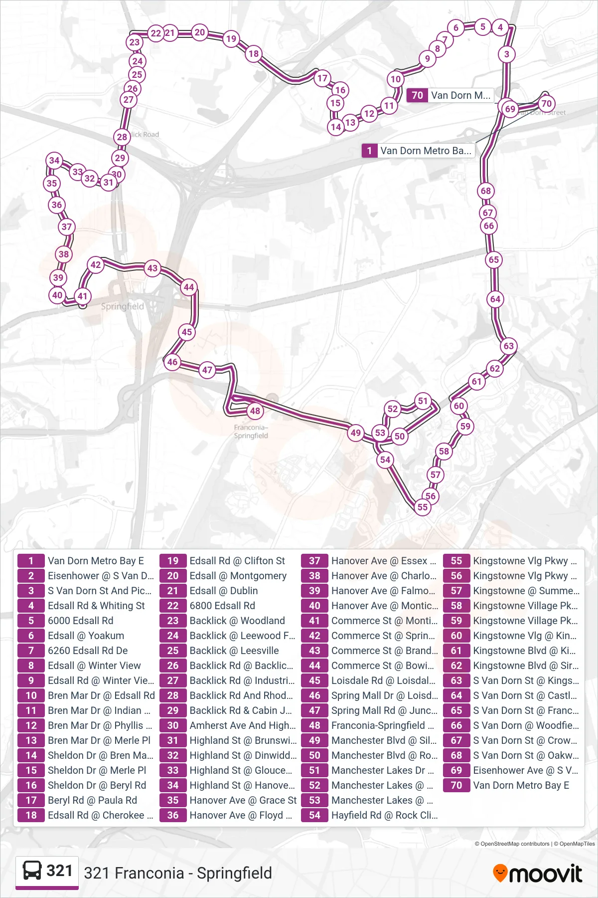 321 bus Line (321 Franconia - Springfield) route and stops on a map