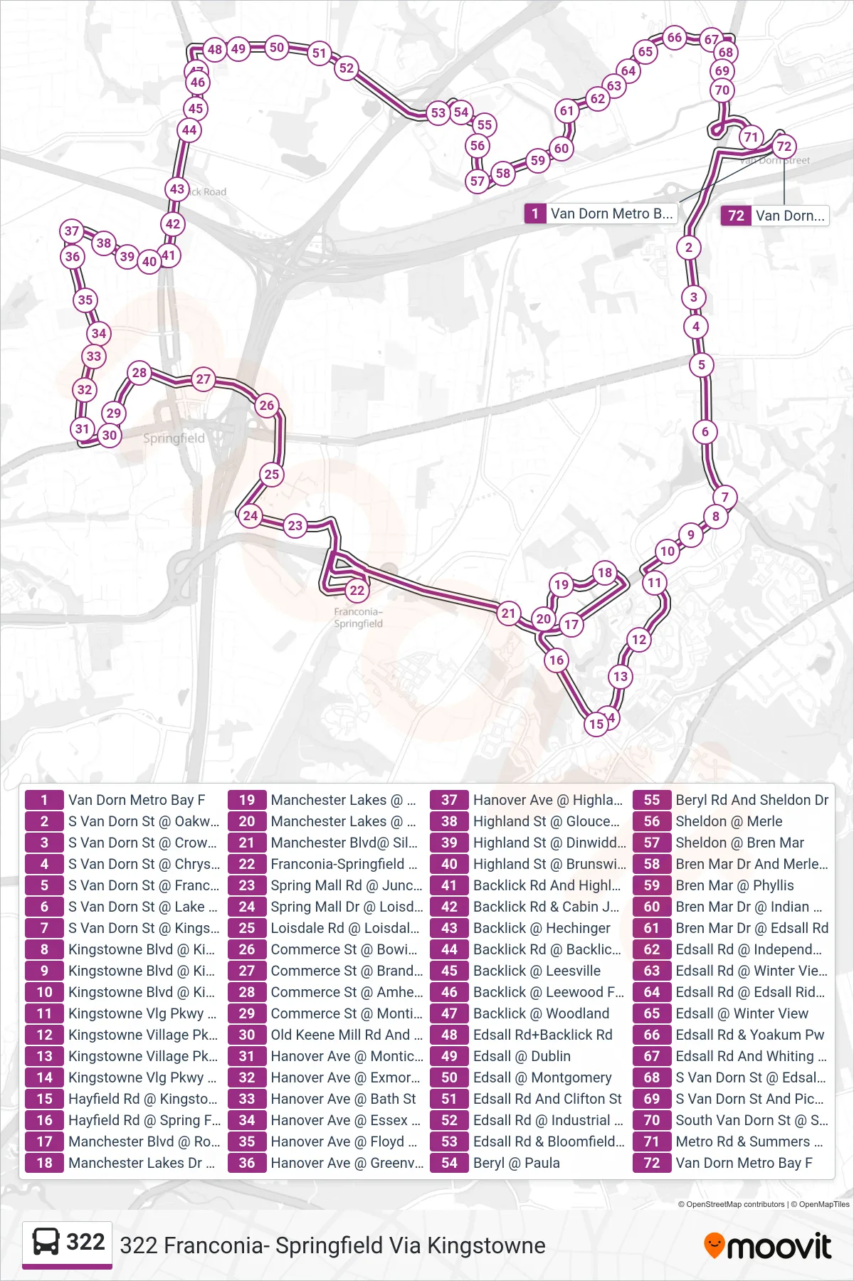322 bus Line (322 Franconia- Springfield Via Kingstowne) route and stops on a map