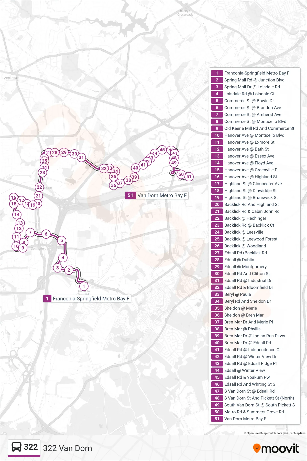 322 bus Line (322 Van Dorn) route and stops on a map