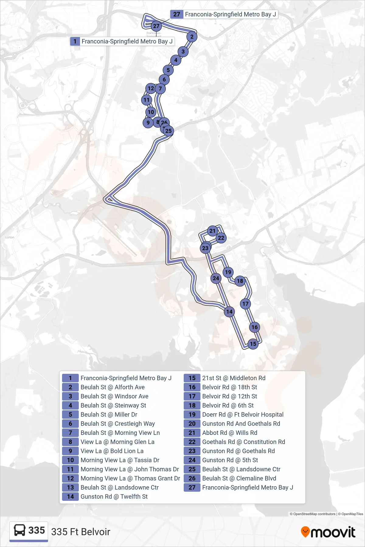 335 bus Line (335 Ft Belvoir) route and stops on a map