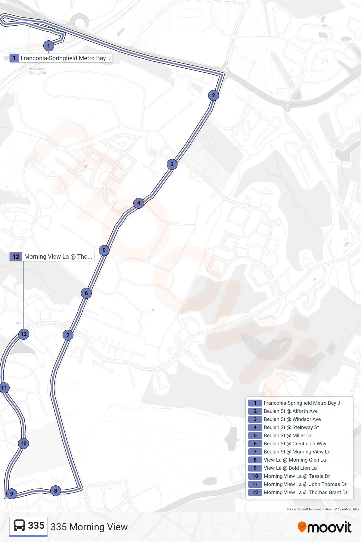 335 bus Line (335 Morning View) route and stops on a map