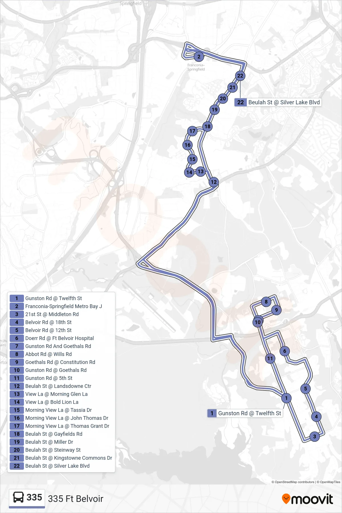 335 bus Line (335 Ft Belvoir) route and stops on a map