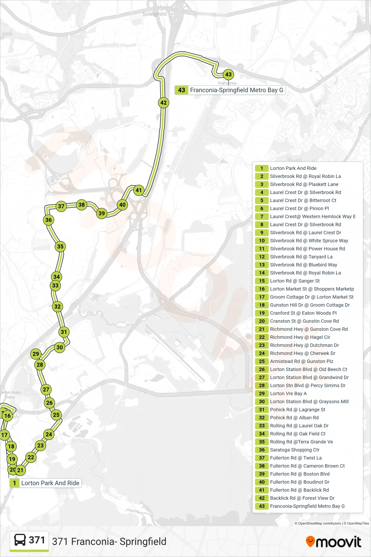 371 bus Line (371 Franconia- Springfield) route and stops on a map