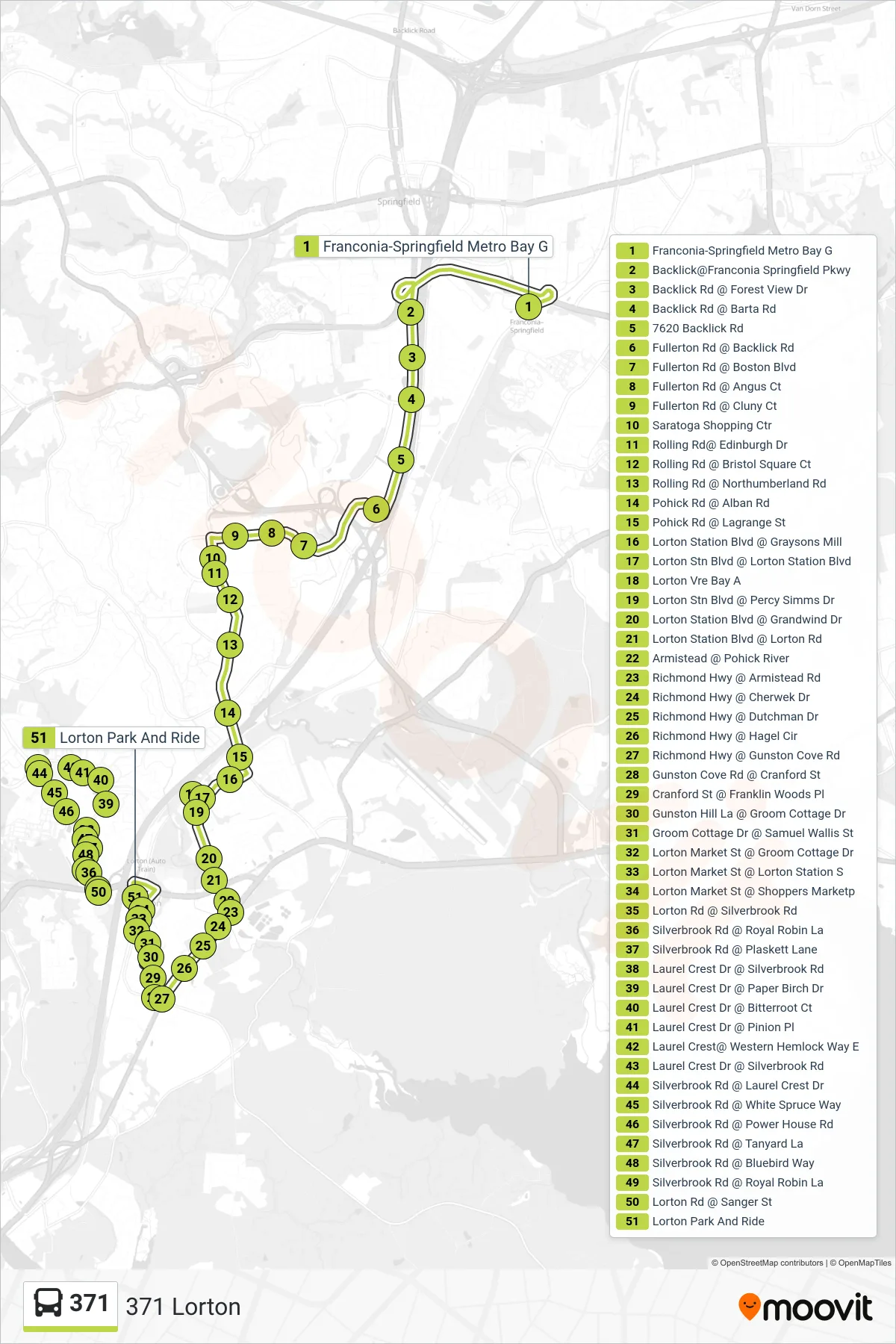 371 bus Line (371 Lorton) route and stops on a map