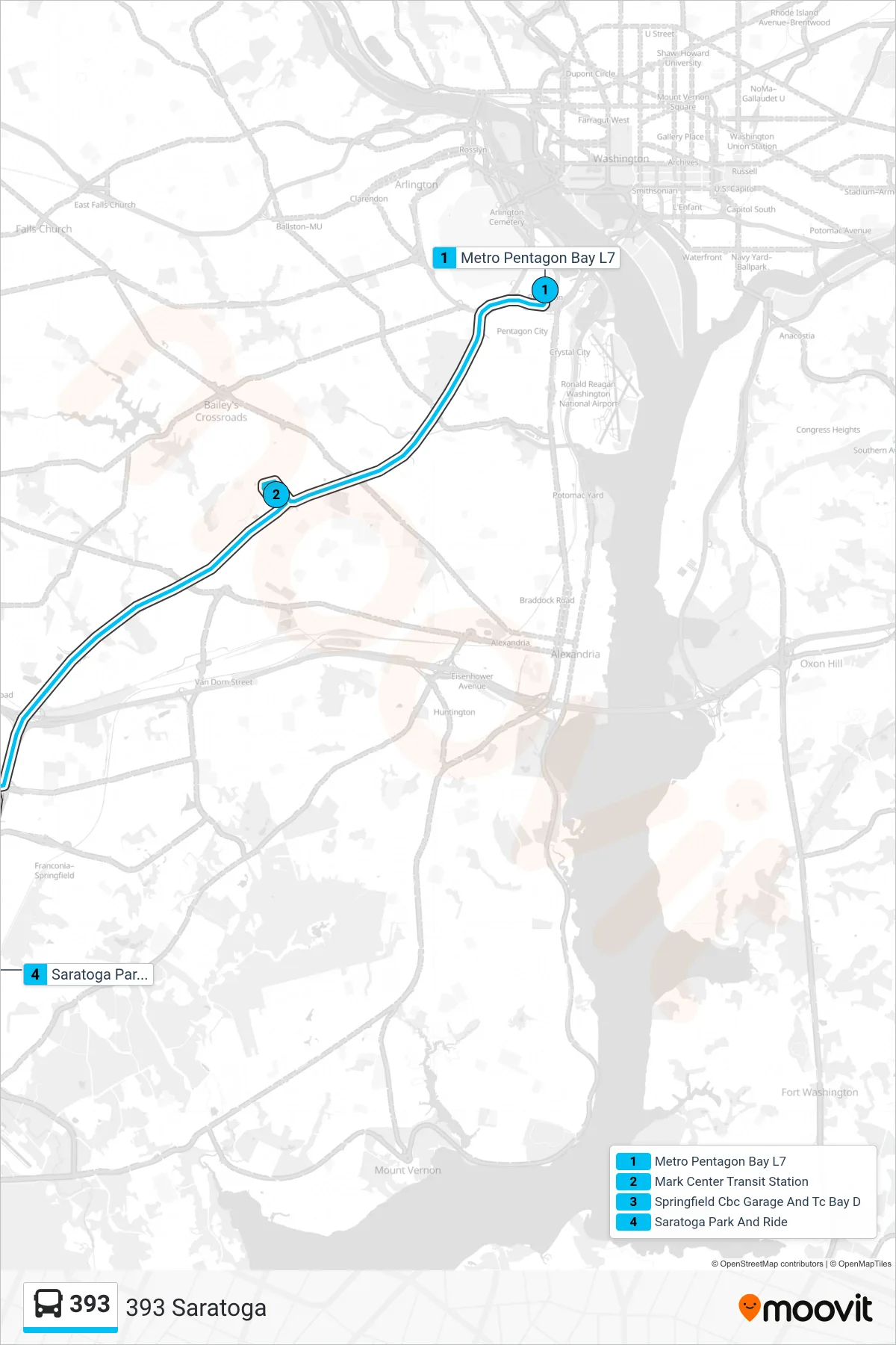 393 bus Line (393 Saratoga) route and stops on a map