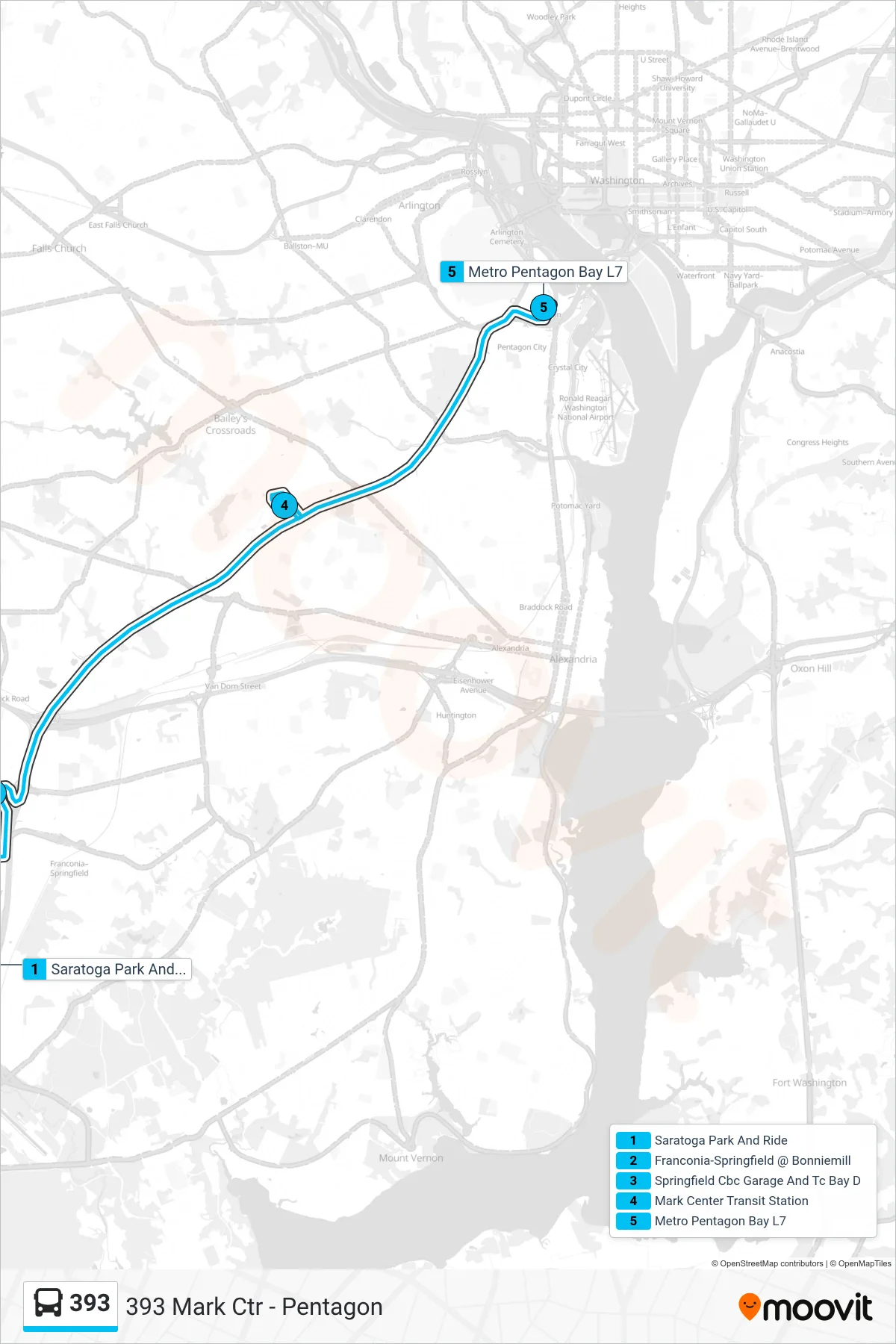 393 bus Line (393 Mark Ctr - Pentagon) route and stops on a map