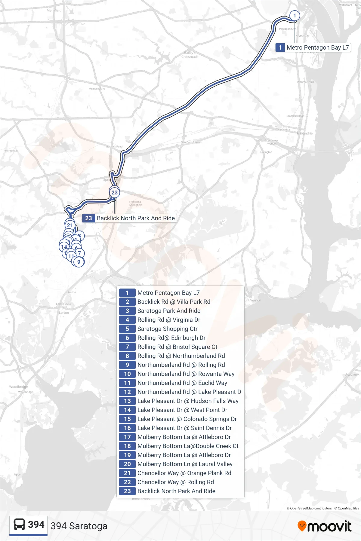 394 bus Line (394 Saratoga) route and stops on a map