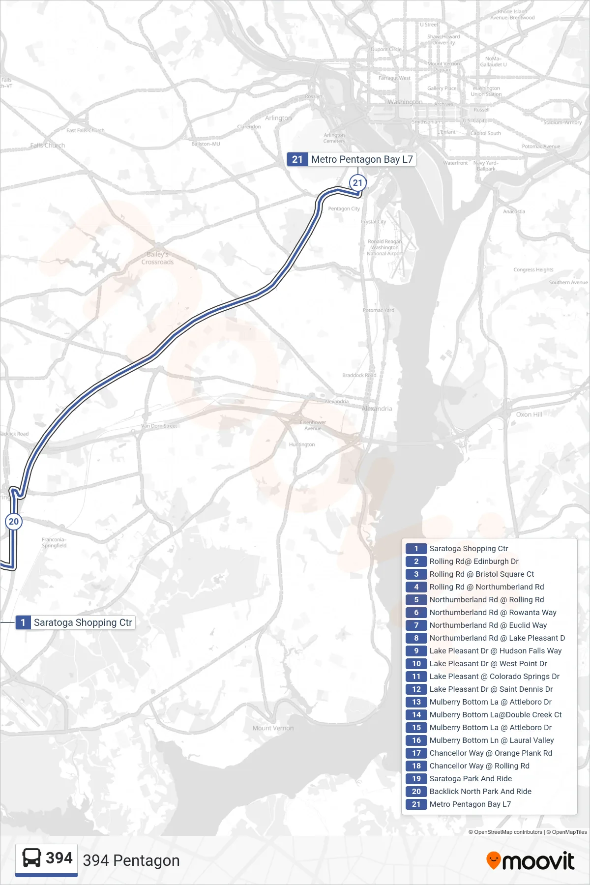 394 bus Line (394 Pentagon) route and stops on a map