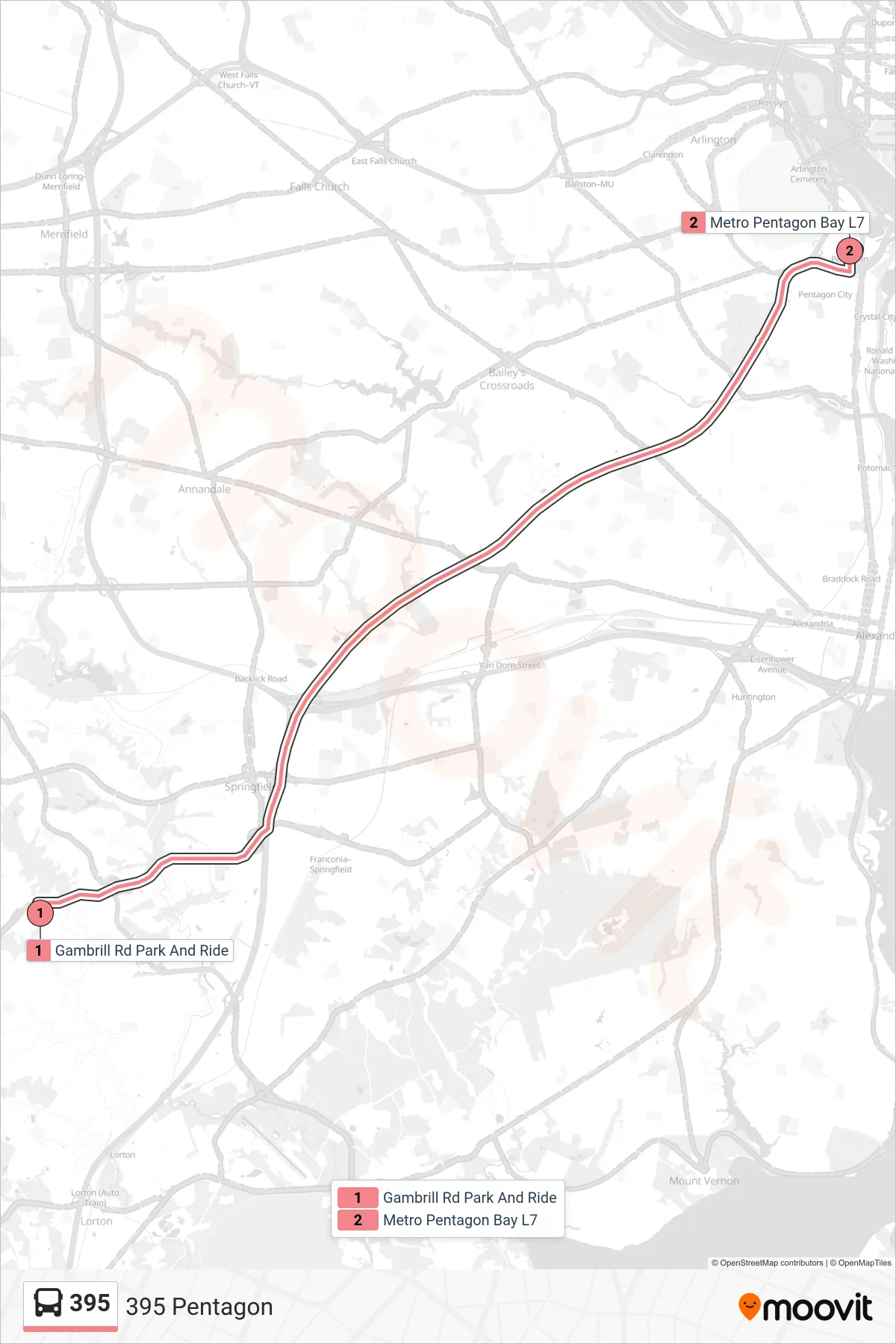 395 bus Line (395 Pentagon) route and stops on a map