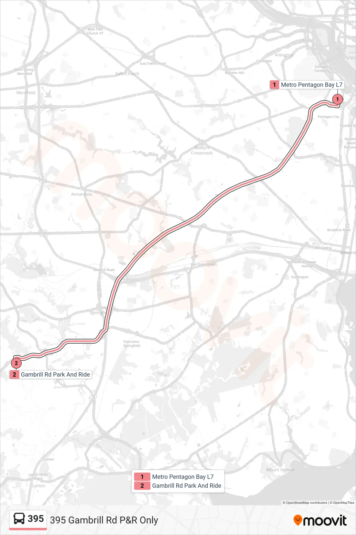395 bus Line (395 Gambrill Rd P&R Only) route and stops on a map