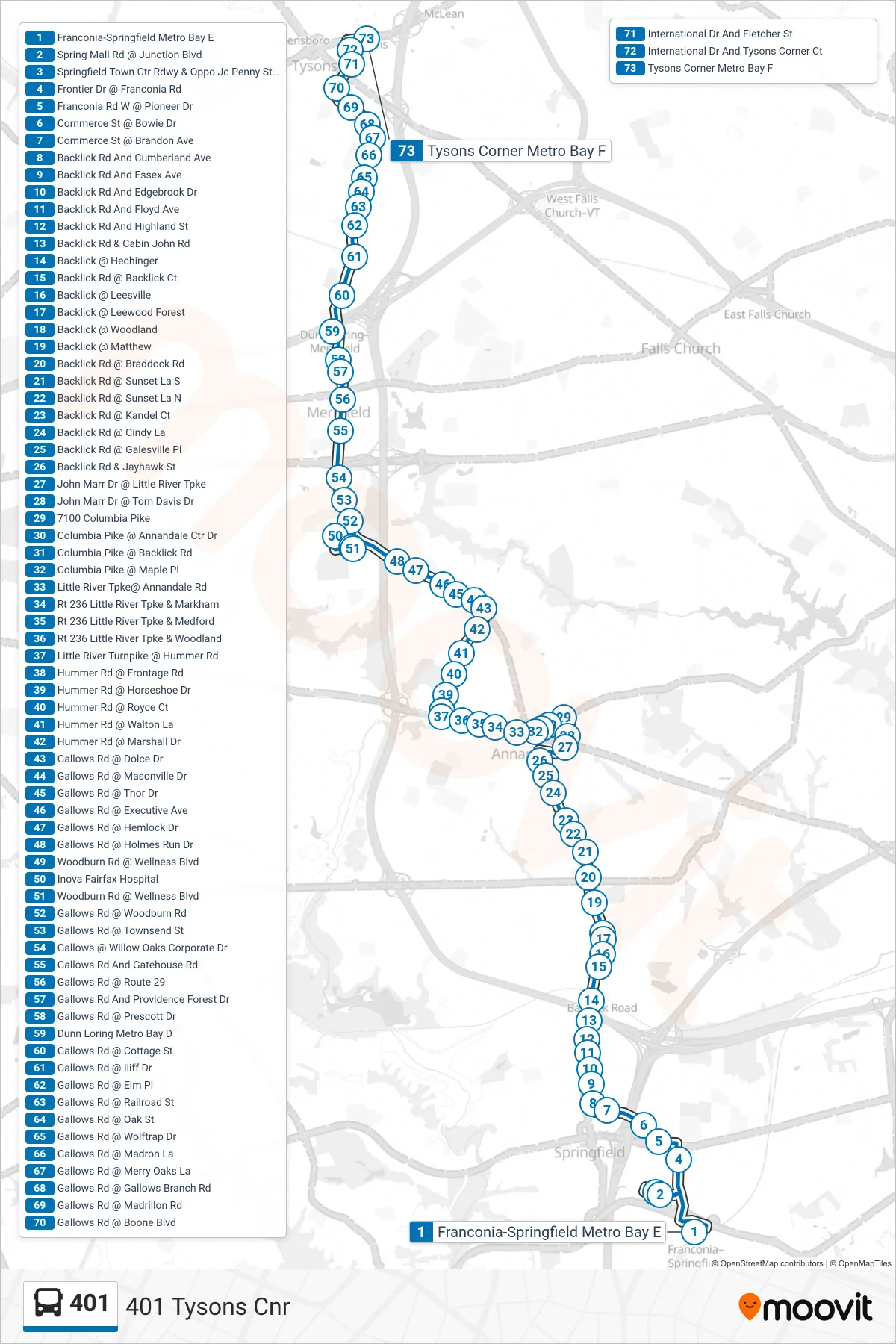 401 bus Line (401 Tysons Cnr) route and stops on a map