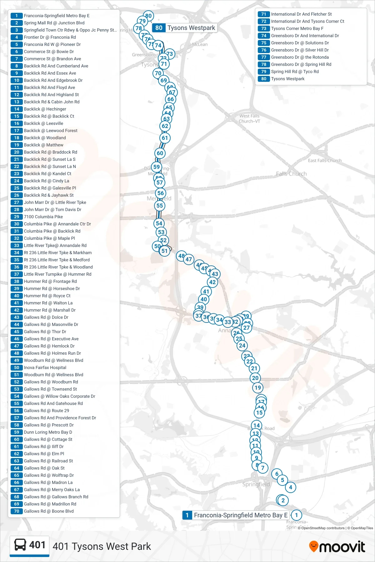 401 bus Line (401 Tysons West Park) route and stops on a map