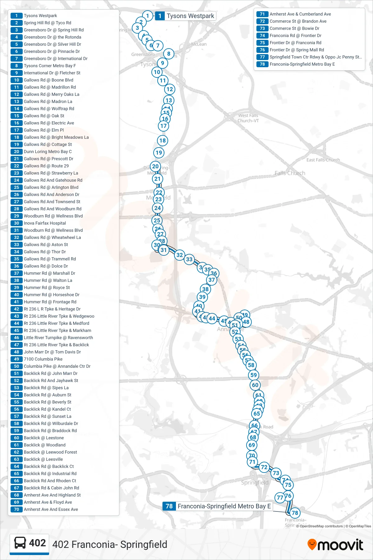 402 bus Line (402 Franconia- Springfield) route and stops on a map