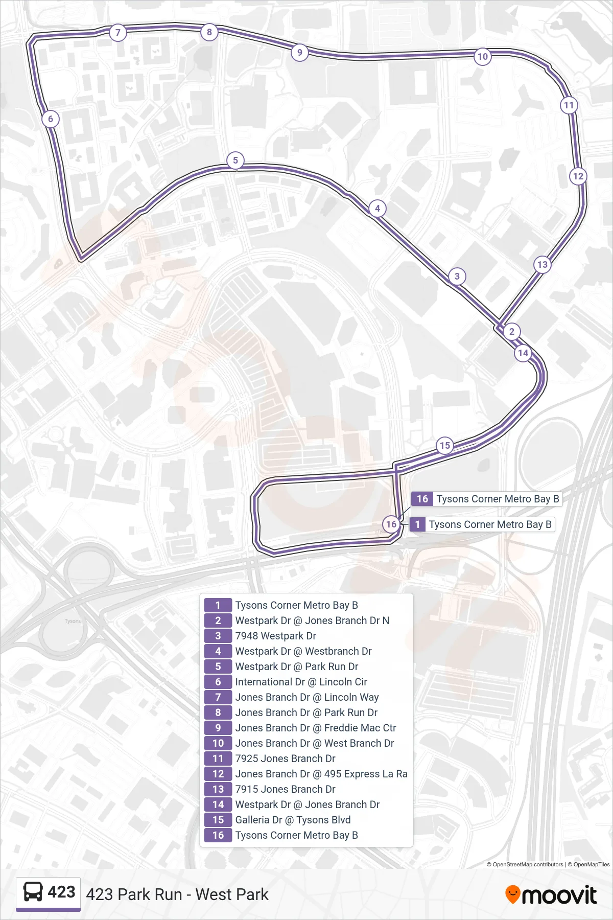 423 bus Line (423 Park Run - West Park) route and stops on a map