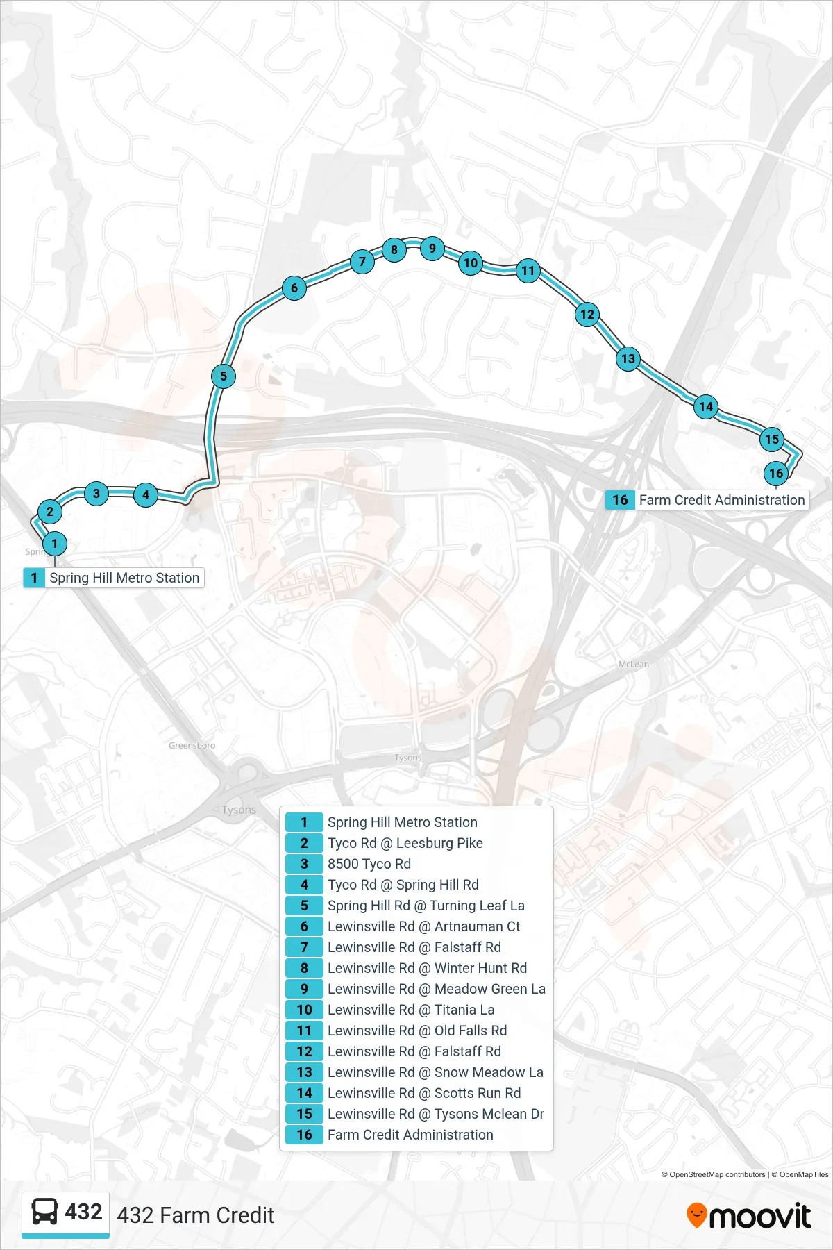 432 bus Line (432 Farm Credit) route and stops on a map