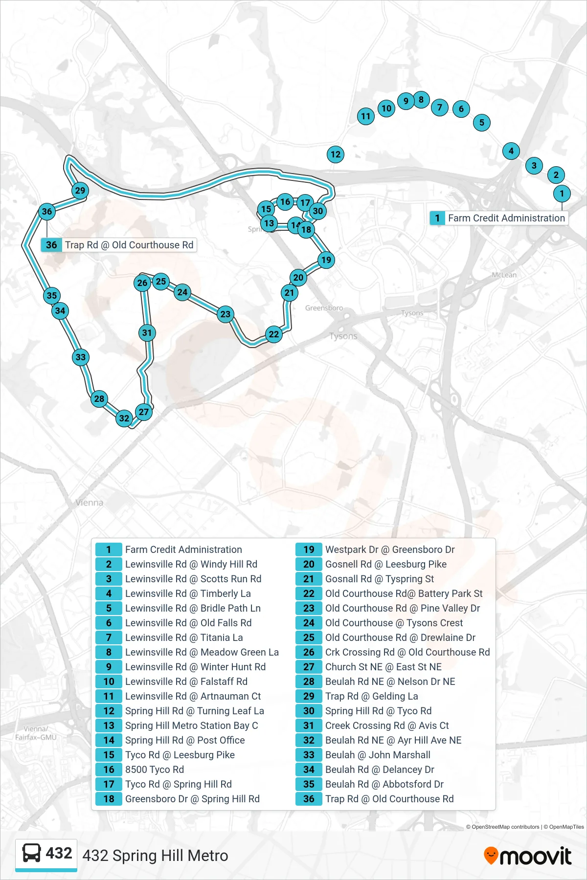 432 bus Line (432 Spring Hill Metro) route and stops on a map