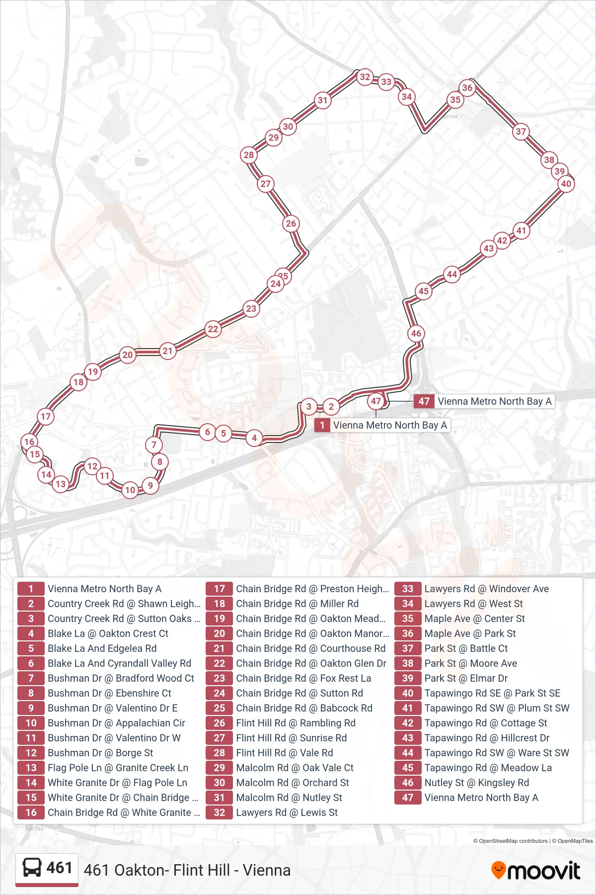 461 bus Line (461 Oakton- Flint Hill - Vienna) route and stops on a map