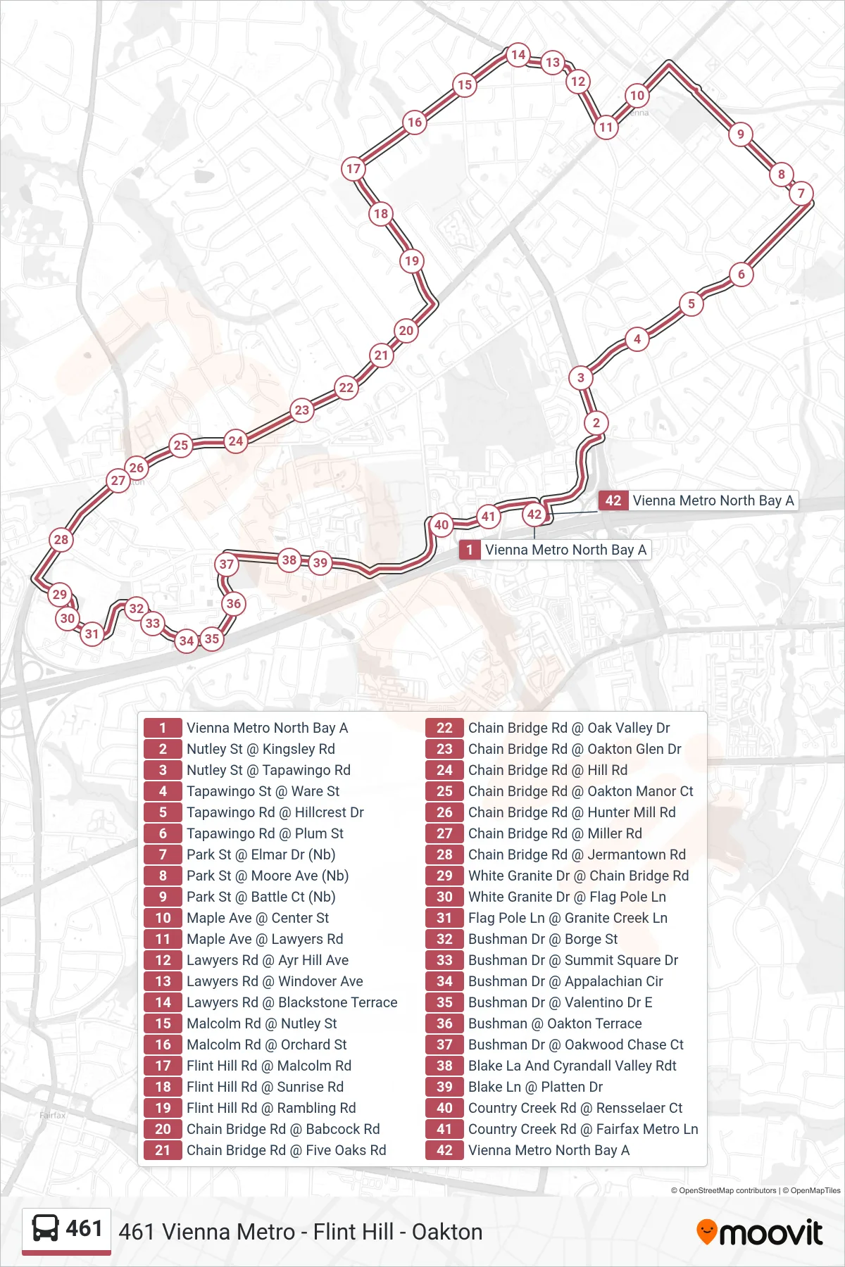 461 bus Line (461 Vienna Metro - Flint Hill - Oakton) route and stops on a map