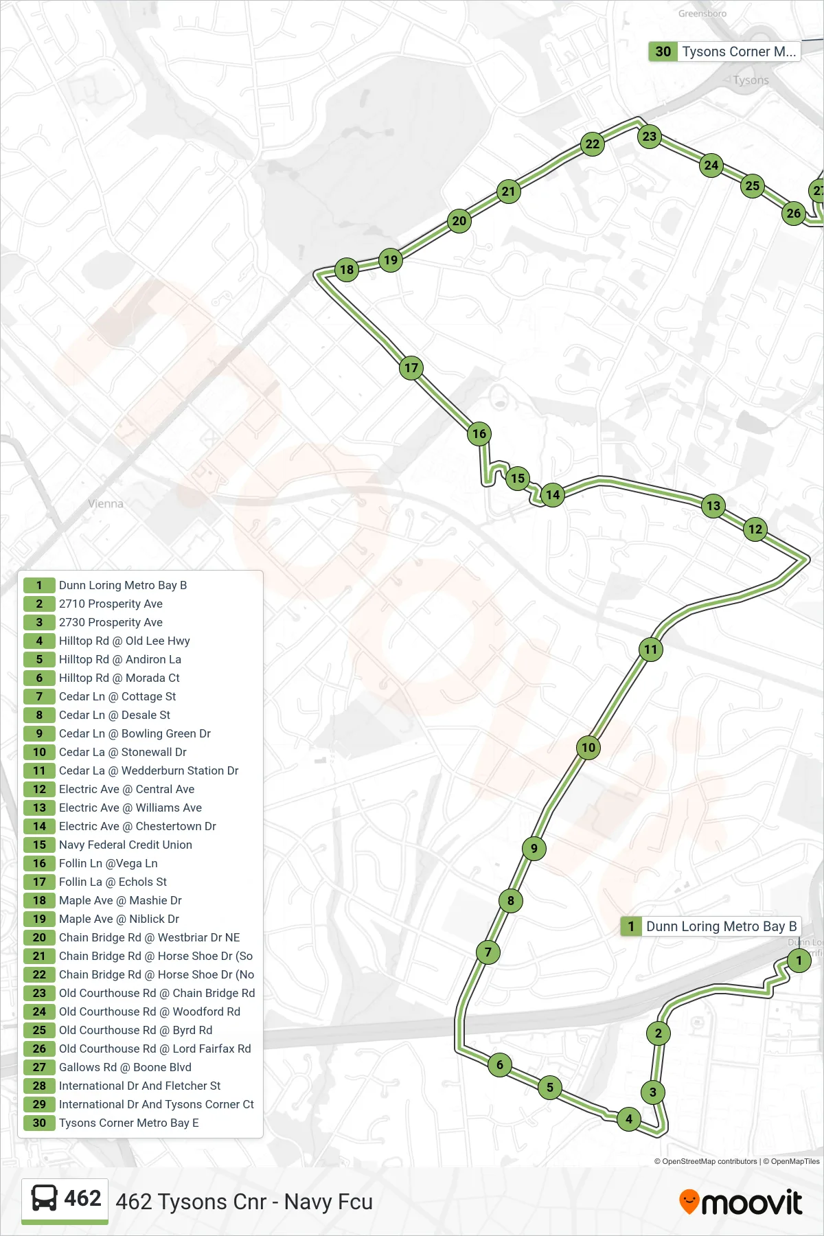 462 bus Line (462 Tysons Cnr - Navy Fcu) route and stops on a map