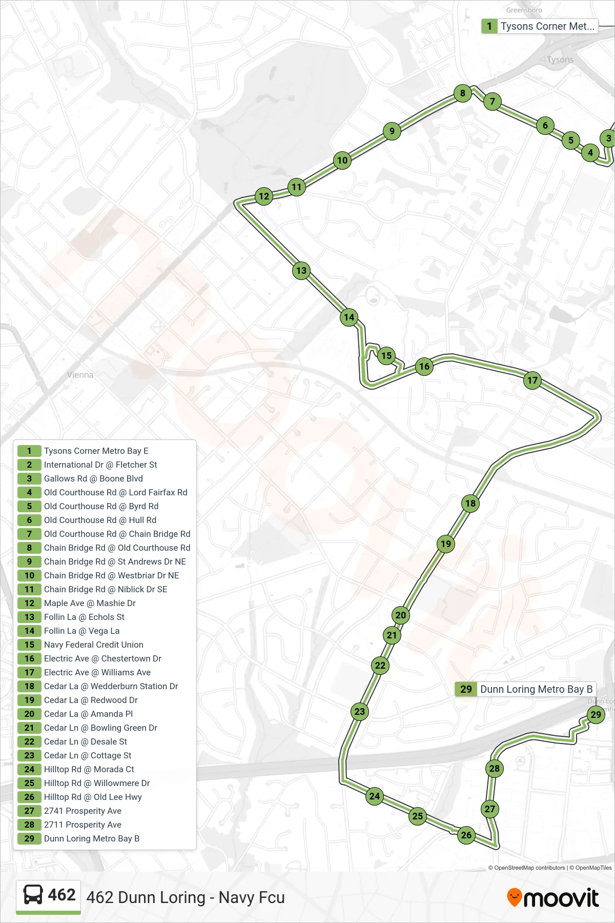 462 bus Line (462 Dunn Loring - Navy Fcu) route and stops on a map