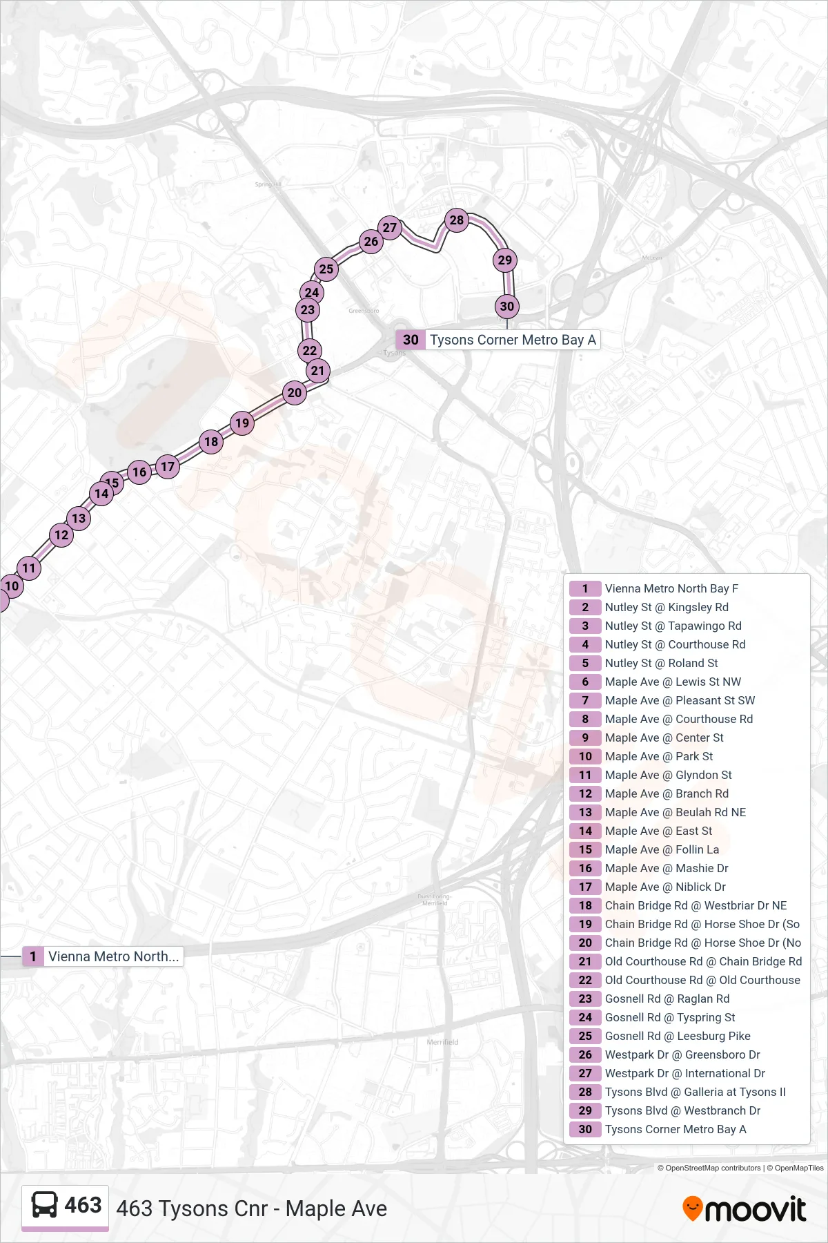 463 bus Line (463 Tysons Cnr - Maple Ave) route and stops on a map