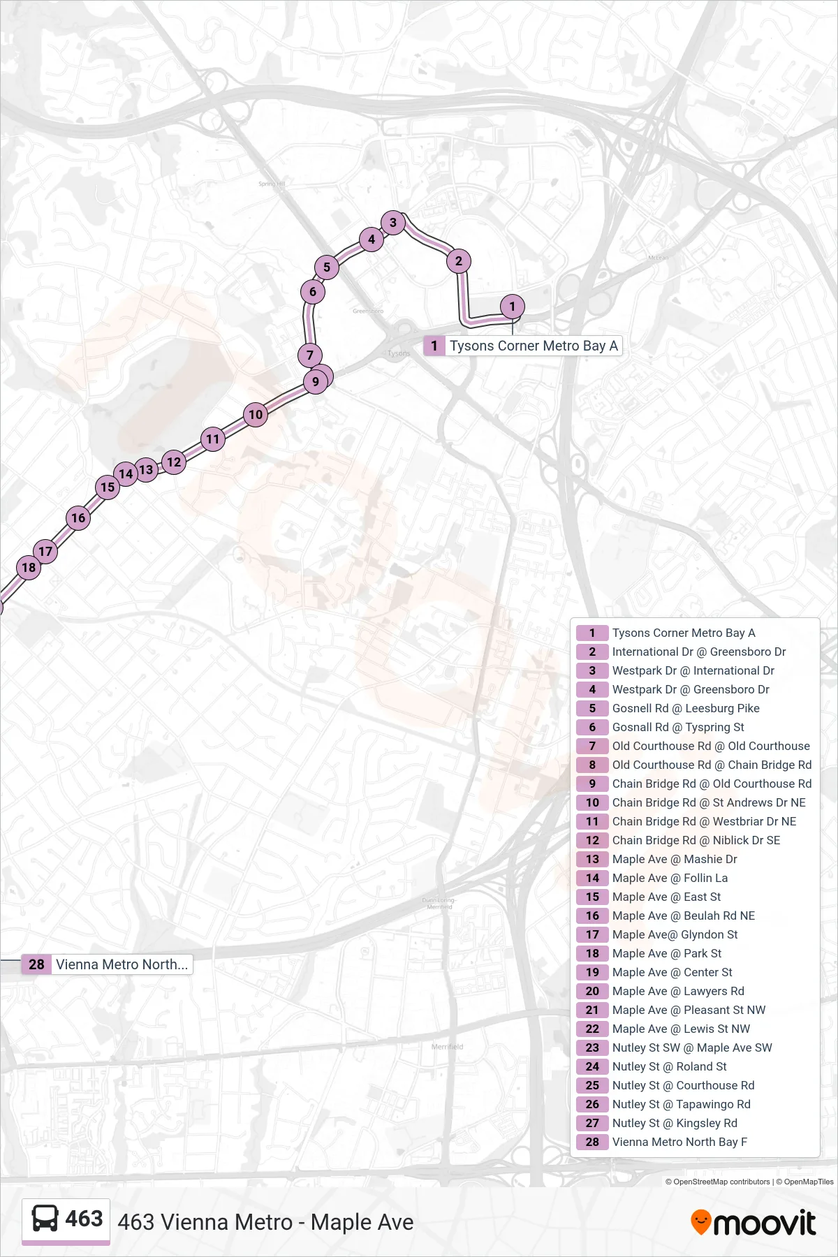 463 bus Line (463 Vienna Metro - Maple Ave) route and stops on a map