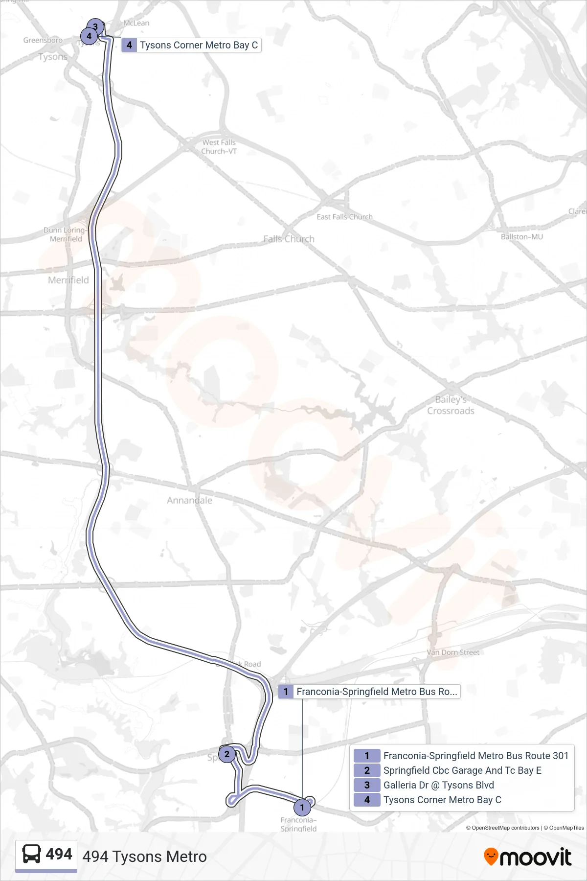 494 bus Line (494 Tysons Metro) route and stops on a map