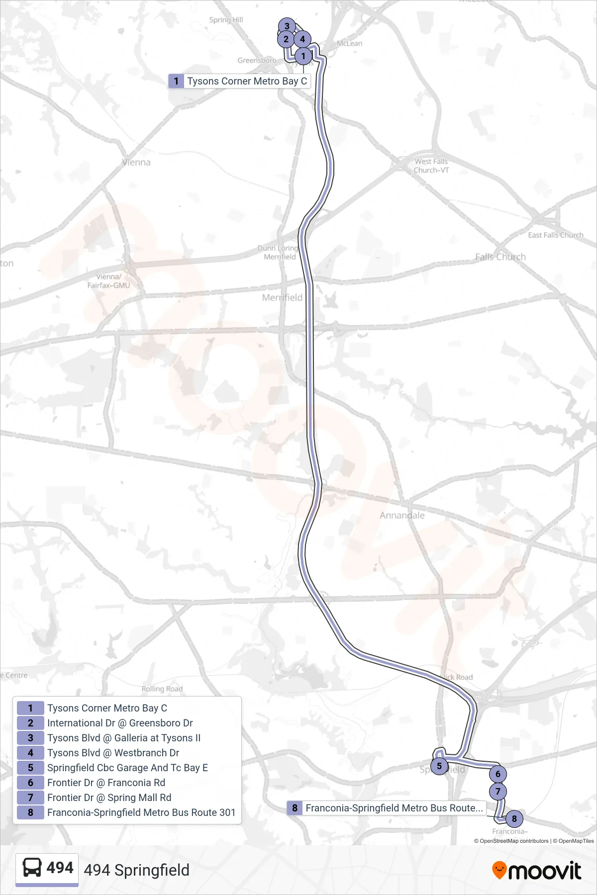 494 bus Line (494 Springfield) route and stops on a map