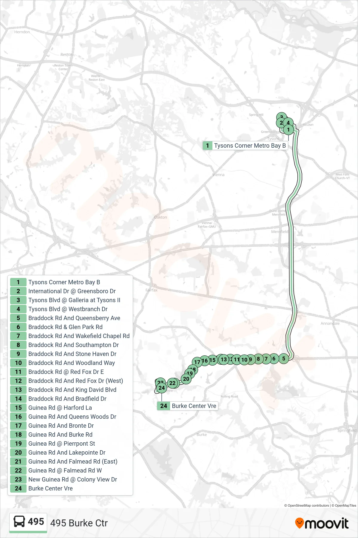 495 bus Line (495 Burke Ctr) route and stops on a map