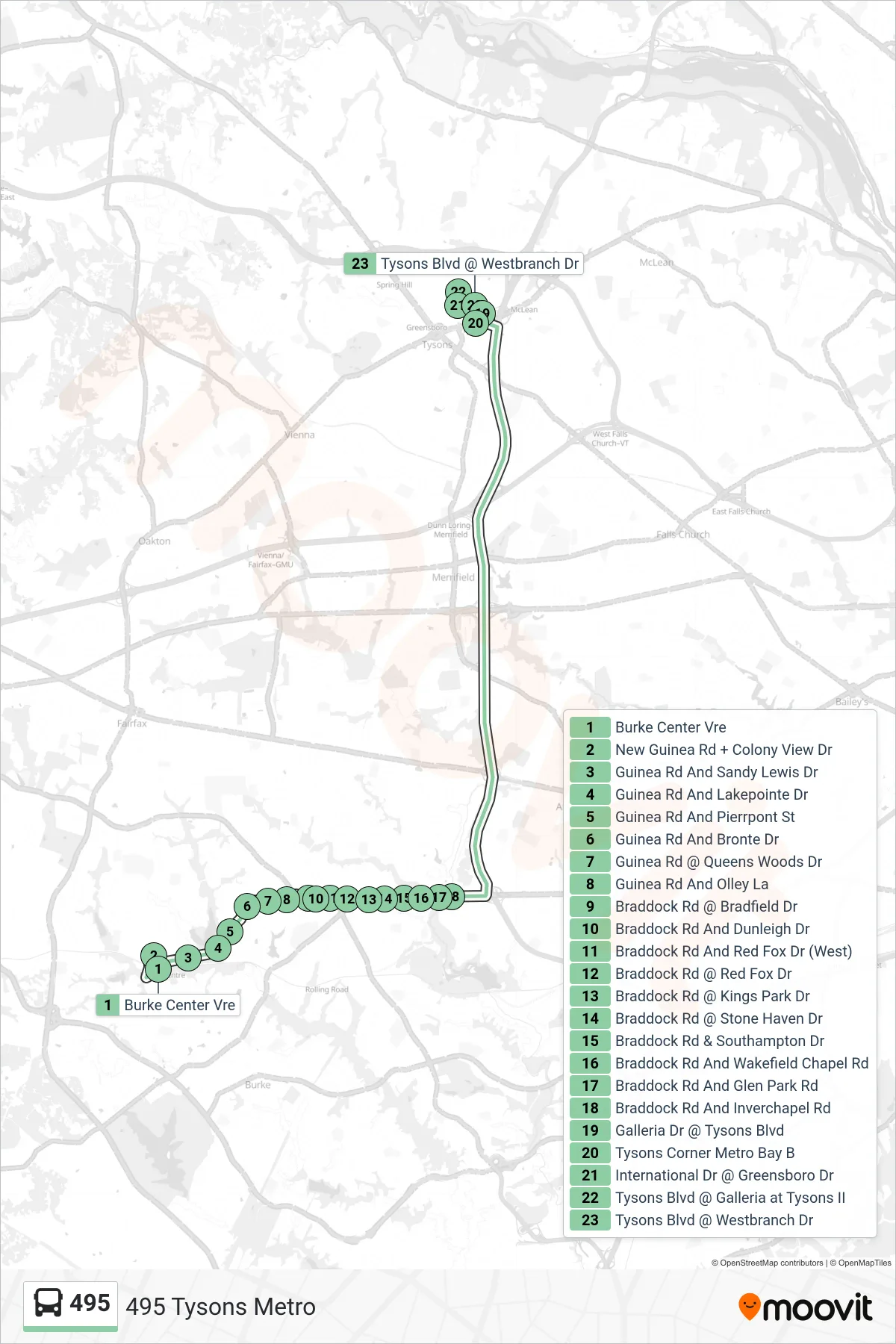 495 bus Line (495 Tysons Metro) route and stops on a map