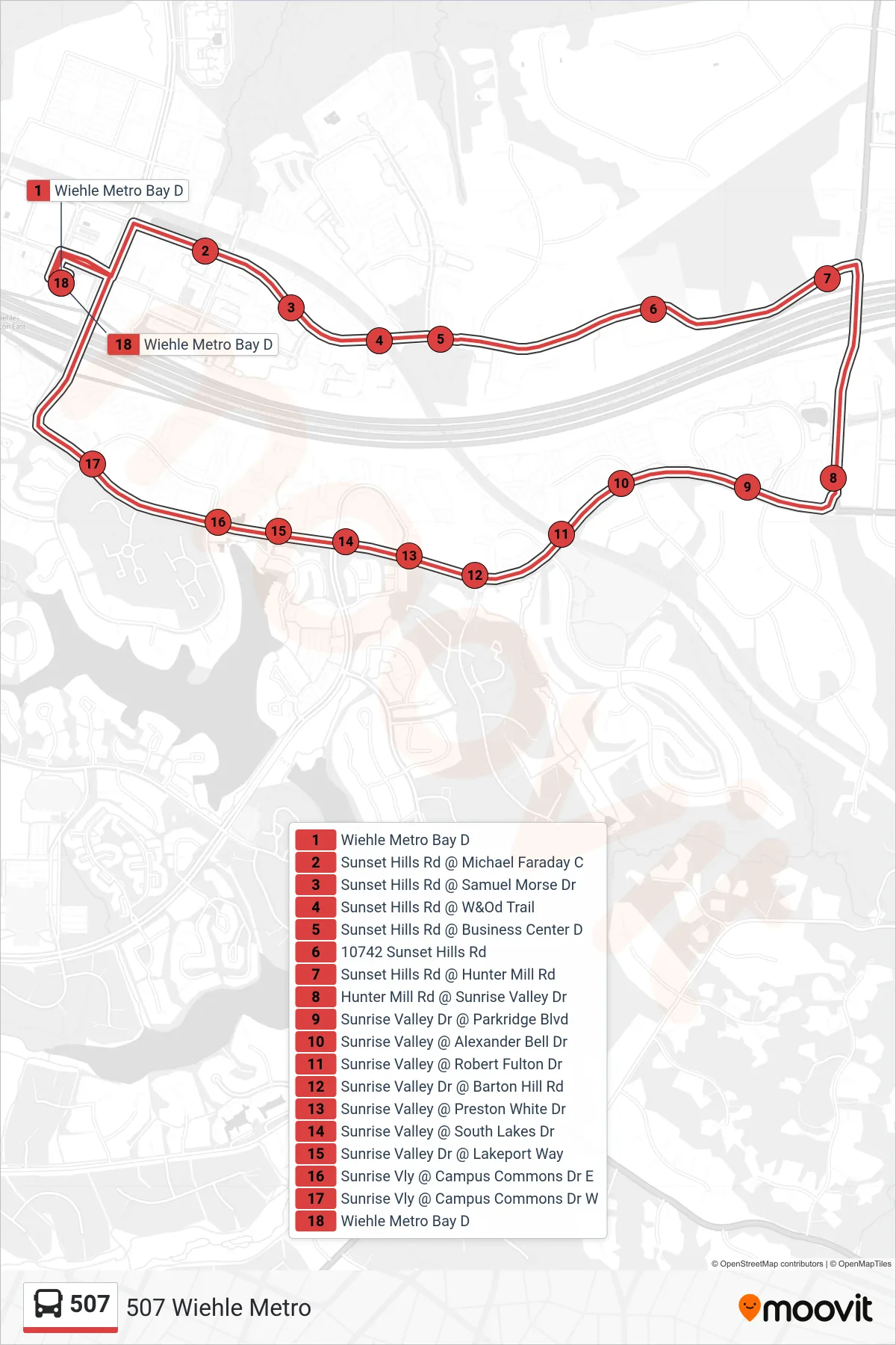 507 bus Line (507 Wiehle Metro) route and stops on a map