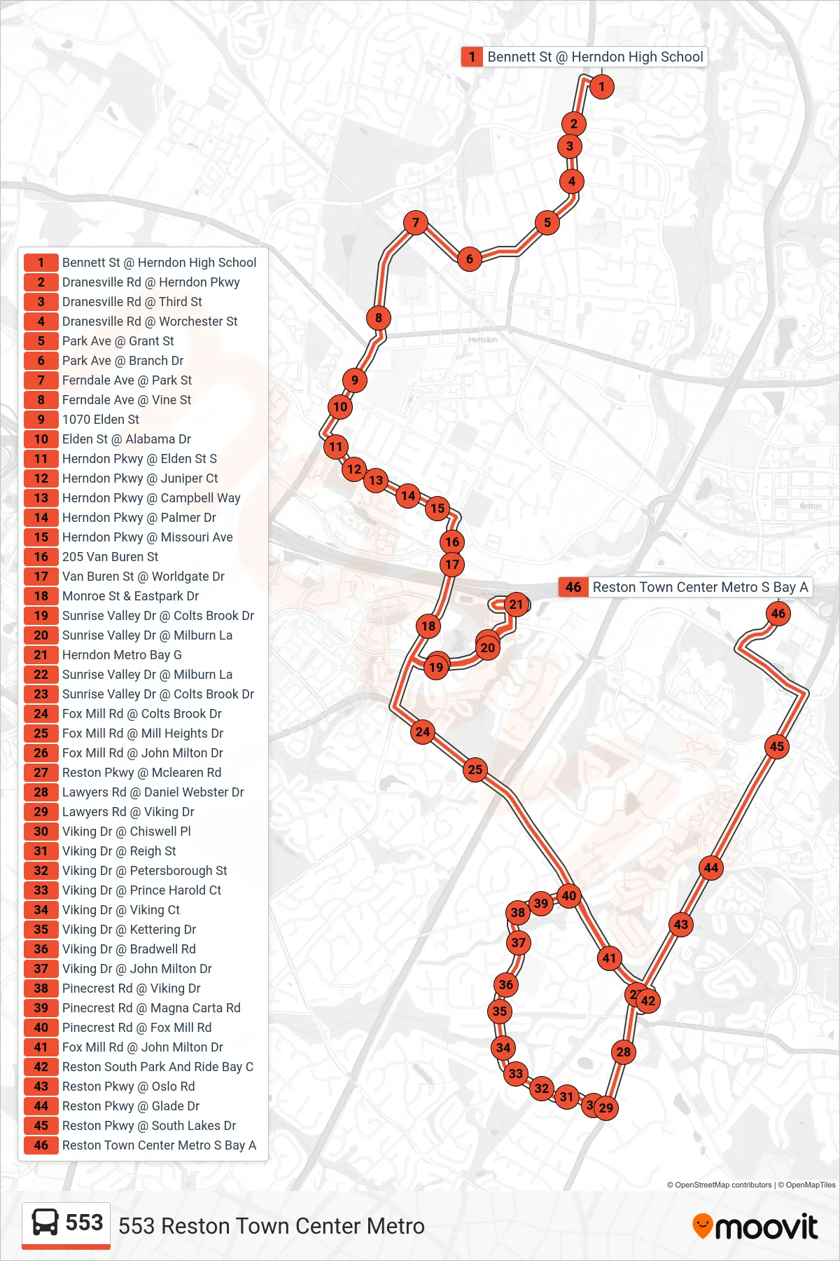553 bus Line (553 Reston Town Center Metro) route and stops on a map
