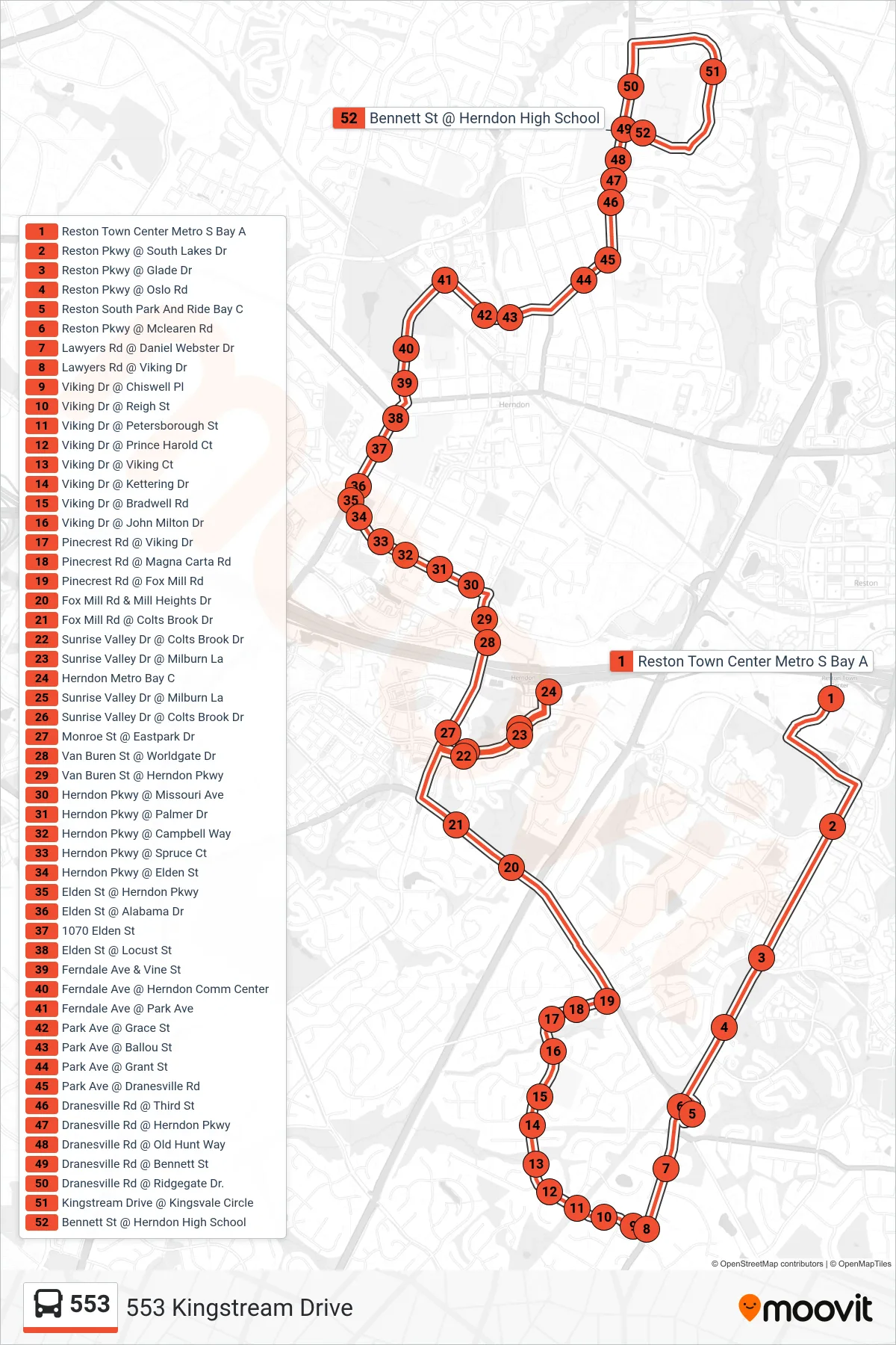 553 bus Line (553 Kingstream Drive) route and stops on a map