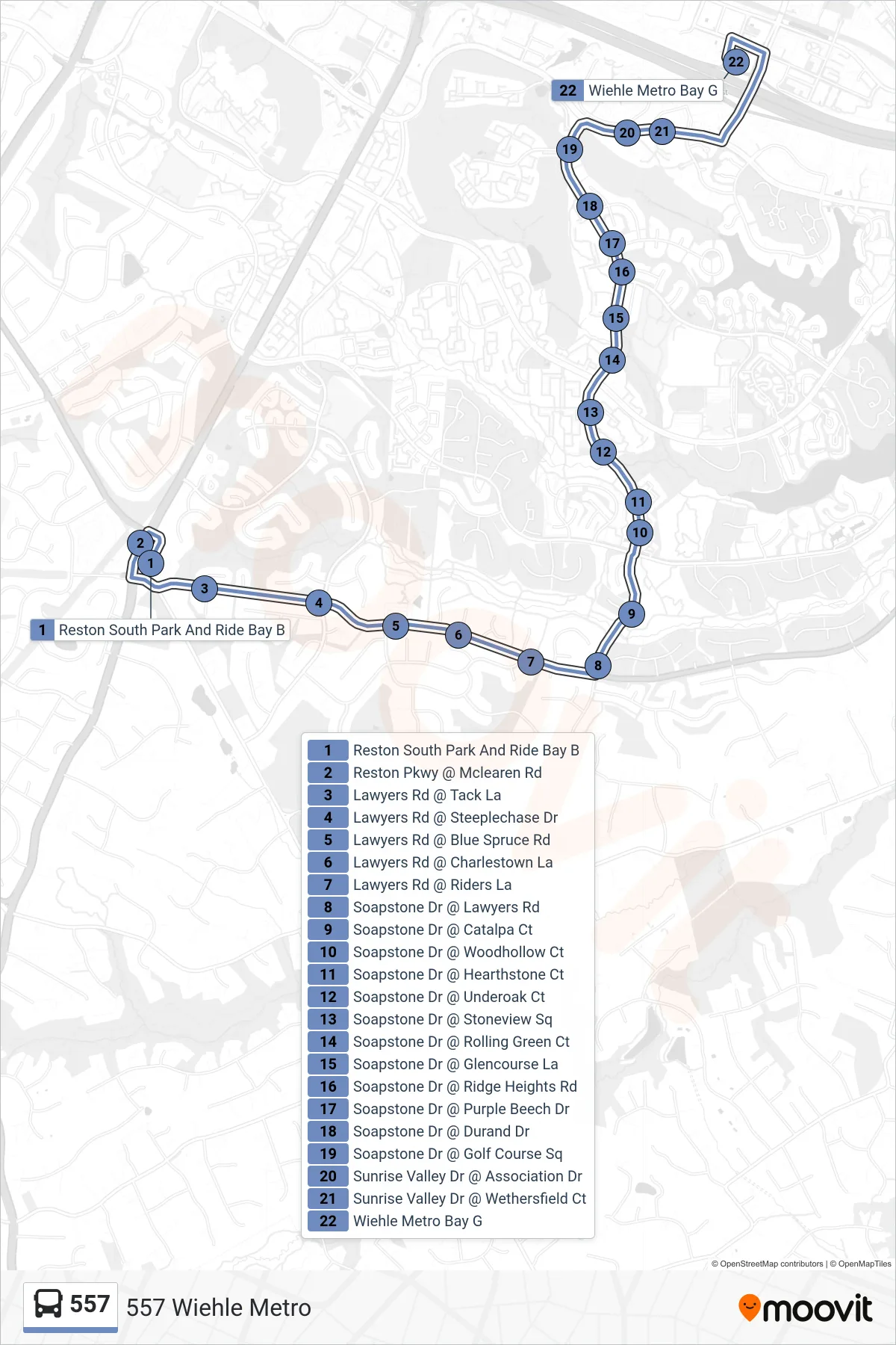557 bus Line (557 Wiehle Metro) route and stops on a map