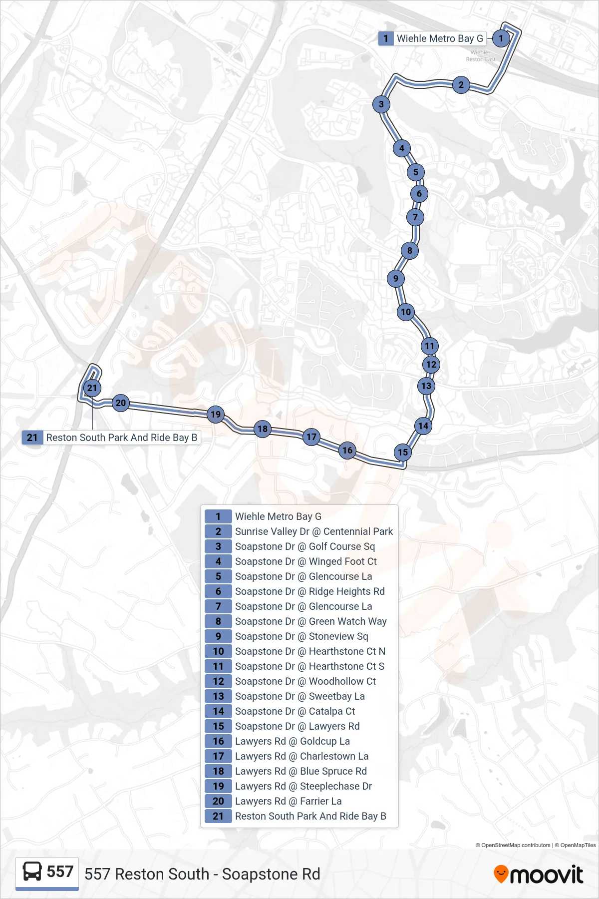 557 bus Line (557 Reston South - Soapstone Rd) route and stops on a map