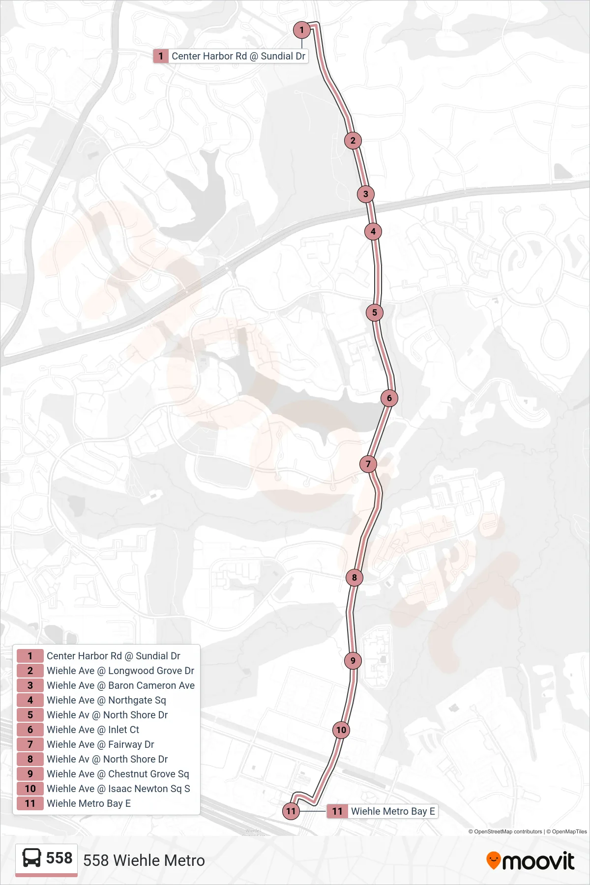 558 bus Line (558 Wiehle Metro) route and stops on a map