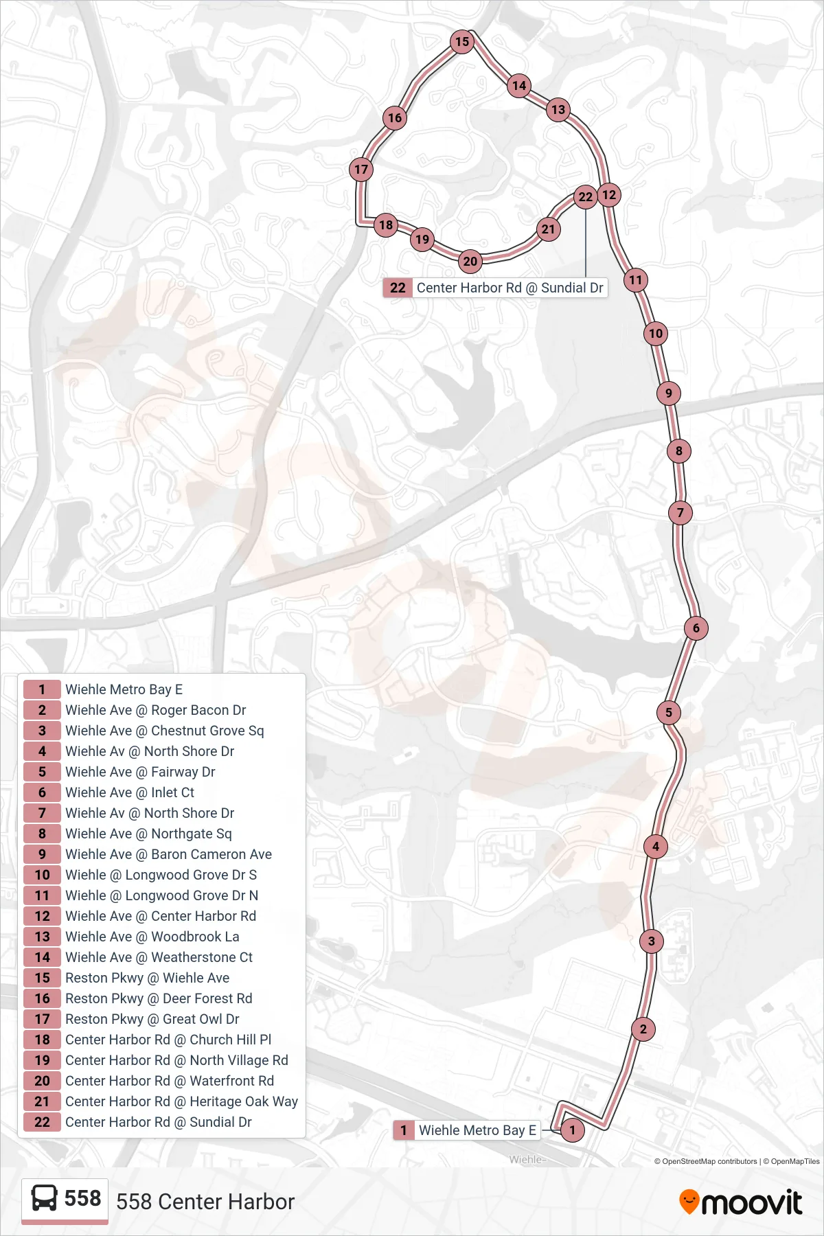 558 bus Line (558 Center Harbor) route and stops on a map