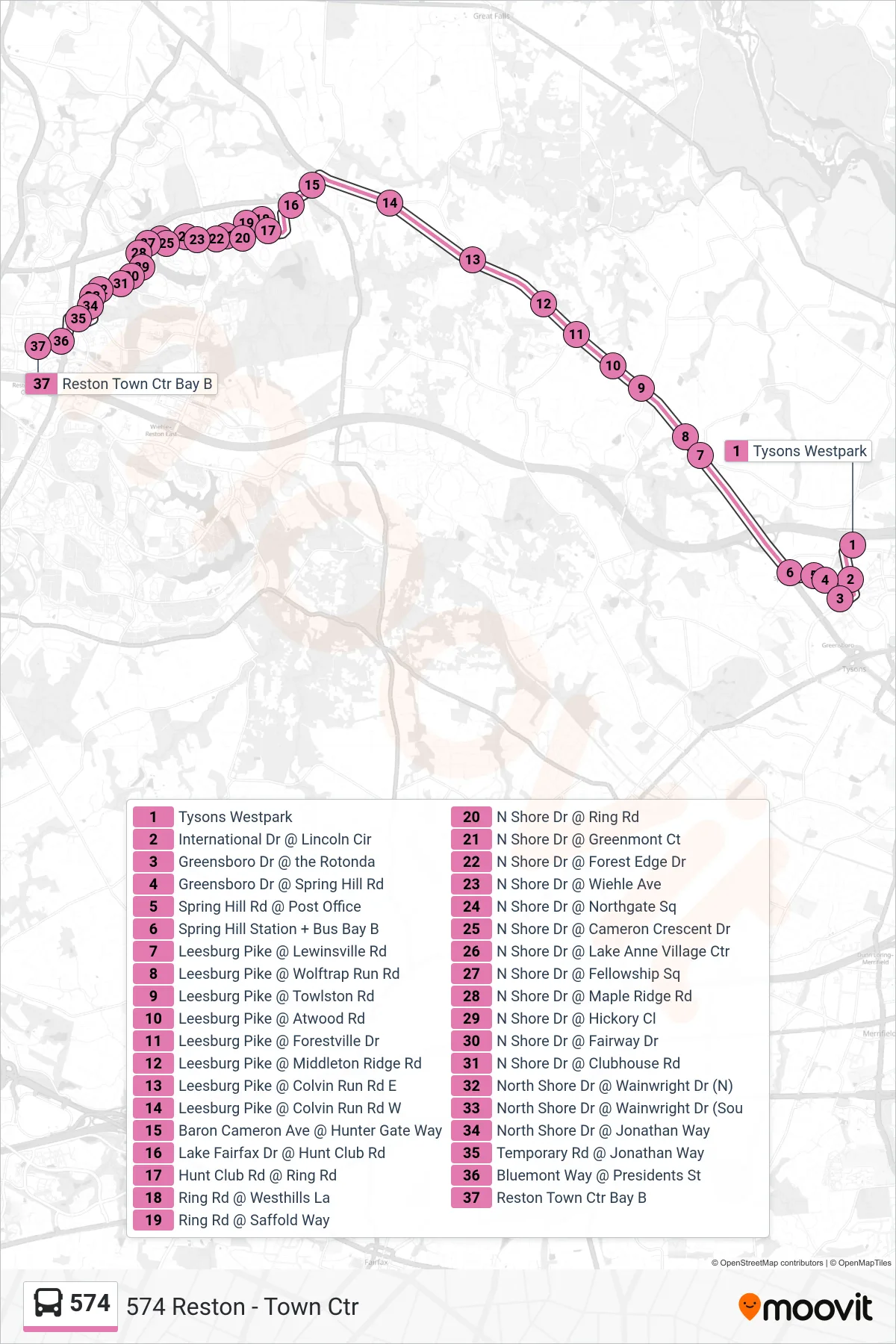 574 bus Line (574 Reston - Town Ctr) route and stops on a map