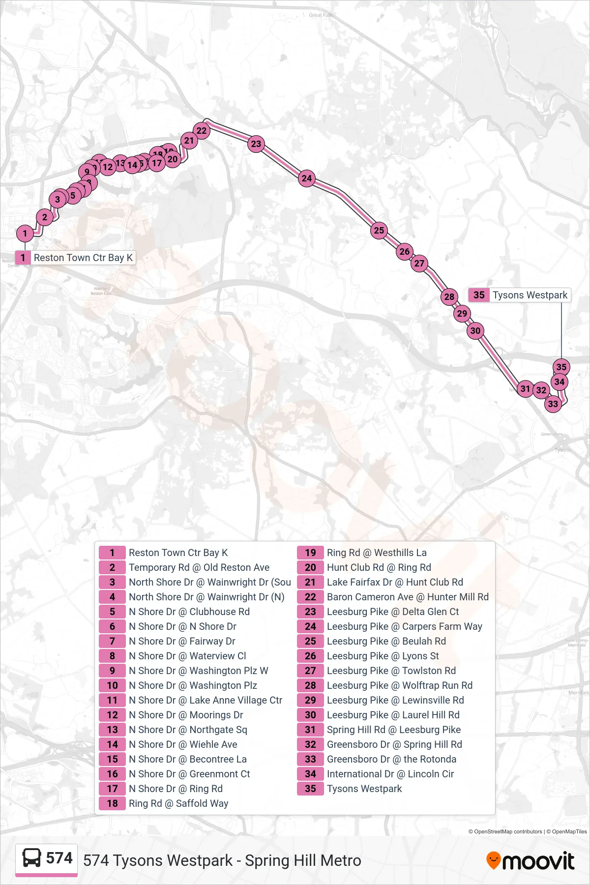 574 bus Line (574 Tysons Westpark - Spring Hill Metro) route and stops on a map