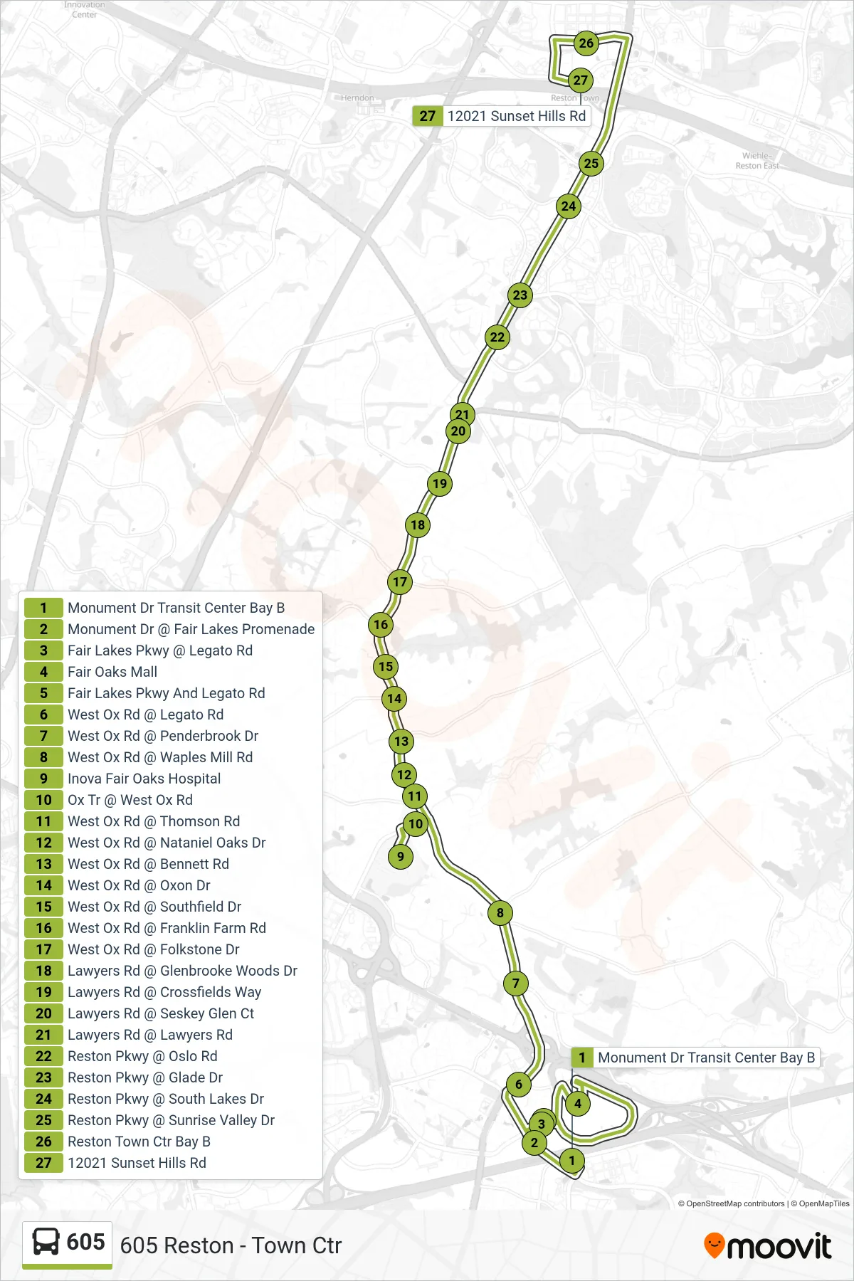 605 bus Line (605 Reston - Town Ctr) route and stops on a map