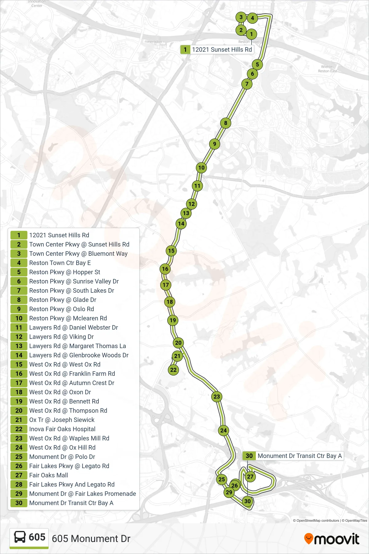 605 bus Line (605 Monument Dr) route and stops on a map