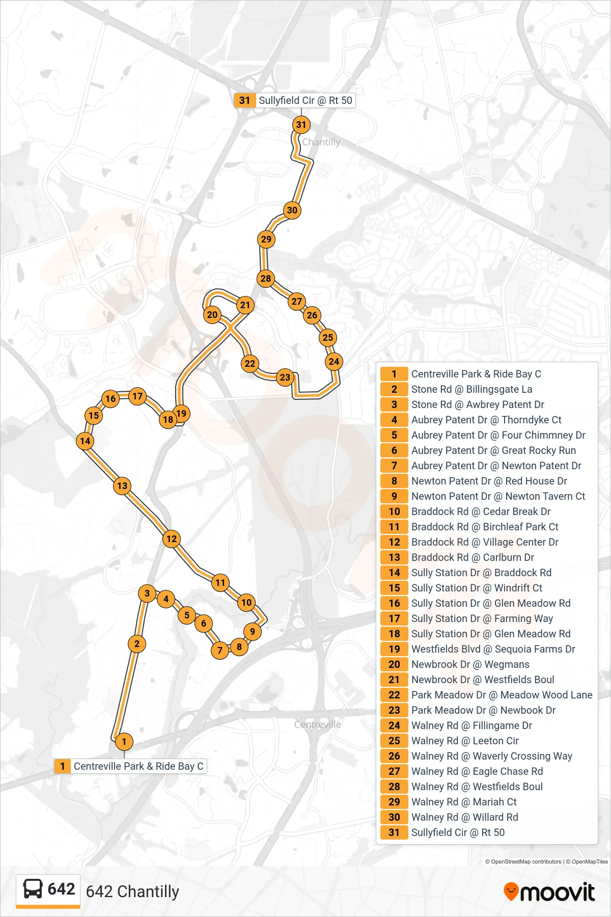 642 bus Line (642 Chantilly) route and stops on a map