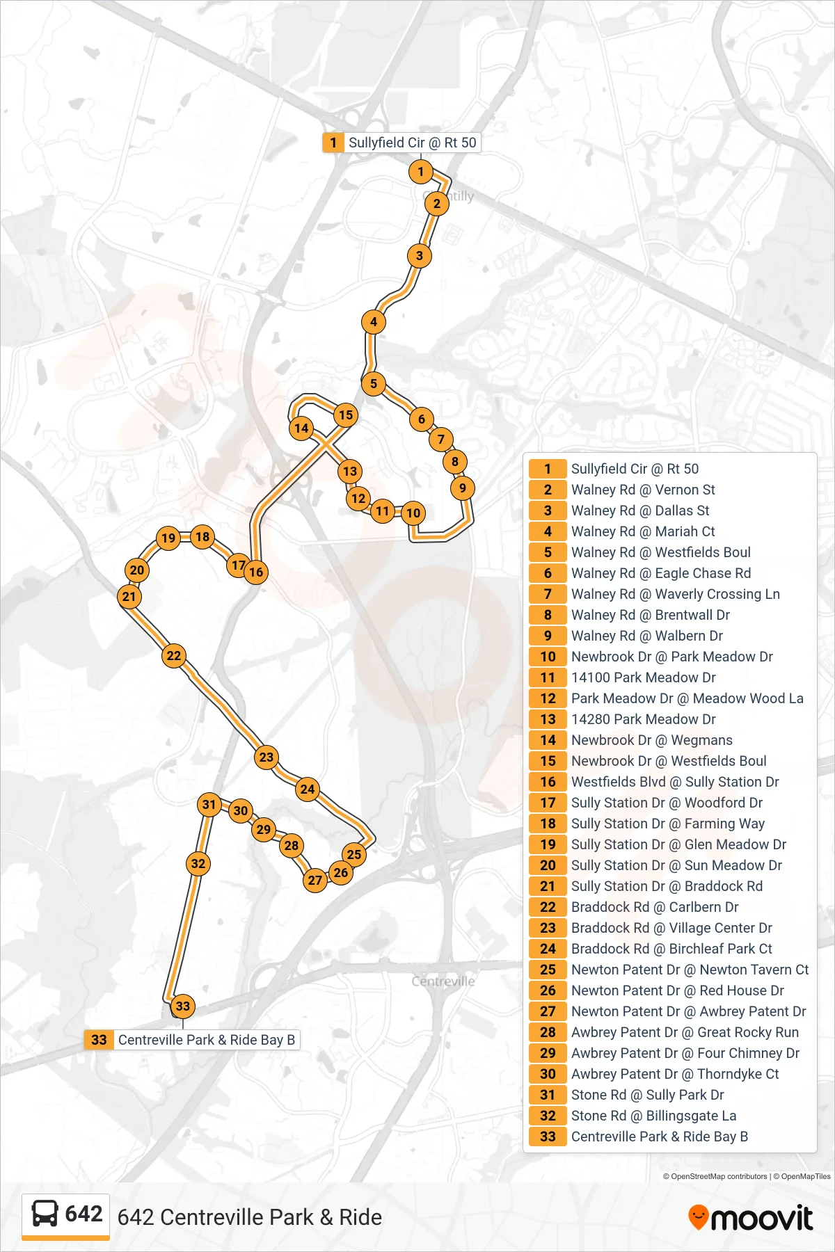 642 bus Line (642 Centreville Park & Ride) route and stops on a map