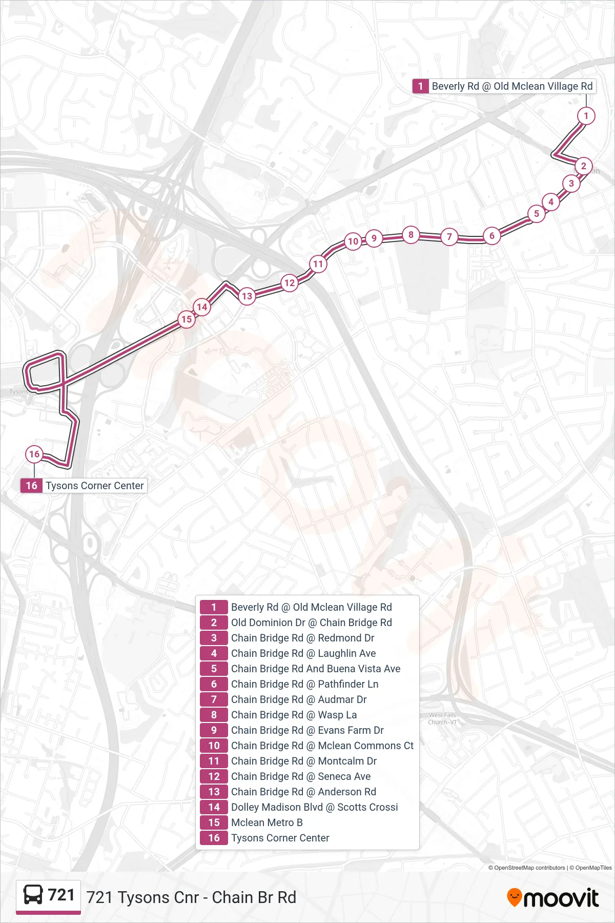 721 bus Line (721 Tysons Cnr - Chain Br Rd) route and stops on a map
